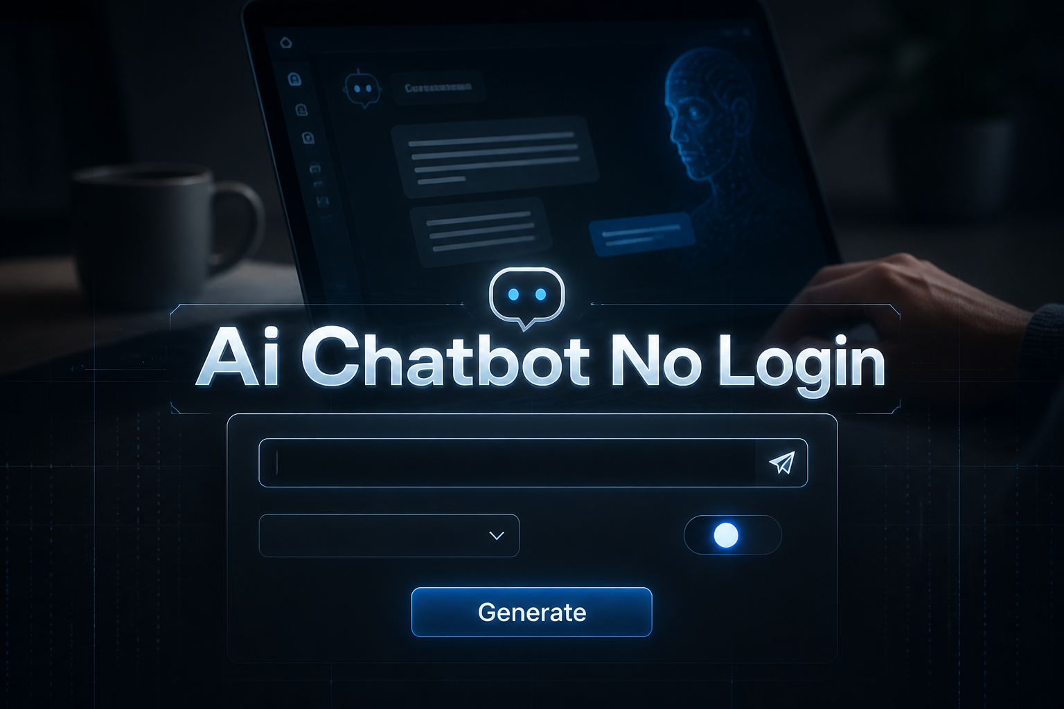 Centered hero graphic for an ai chatbot no login tool showing the text Ai Chatbot No Login over a polished UI panel with chat input, model dropdown, toggle switch, and Generate button, plus a futuristic AI assistant background on a modern device.