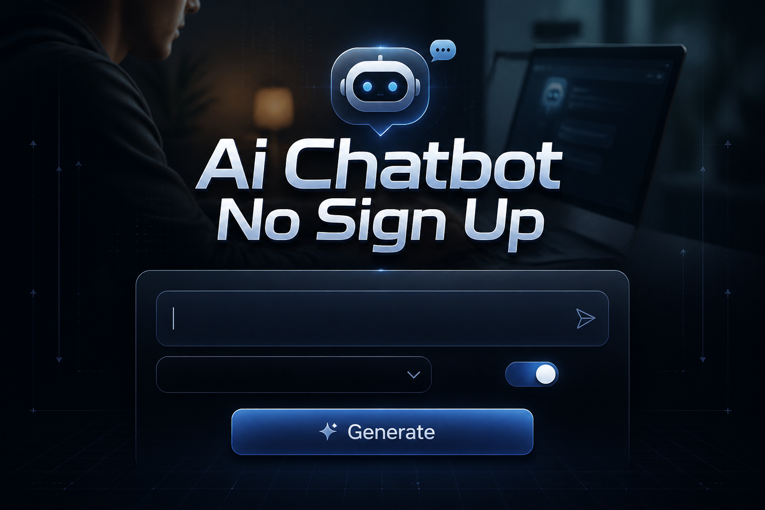 Centered hero graphic for an ai chatbot no sign up tool with the title text, a sleek chat input field, model dropdown, instant access toggle, and Generate button over a fading background of a person using an AI assistant on a laptop with subtle grid lines.