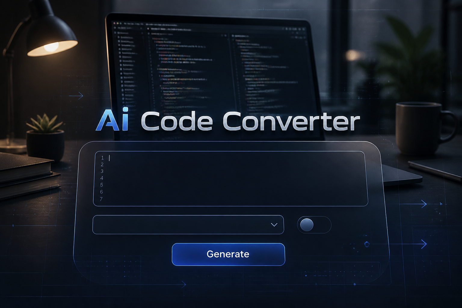 Centered hero image of an Ai Code Converter tool with a soft-shadow title, one code input field, output language dropdown, conversion toggle, and Generate button over a polished laptop workspace with subtle grid and code transformation details.