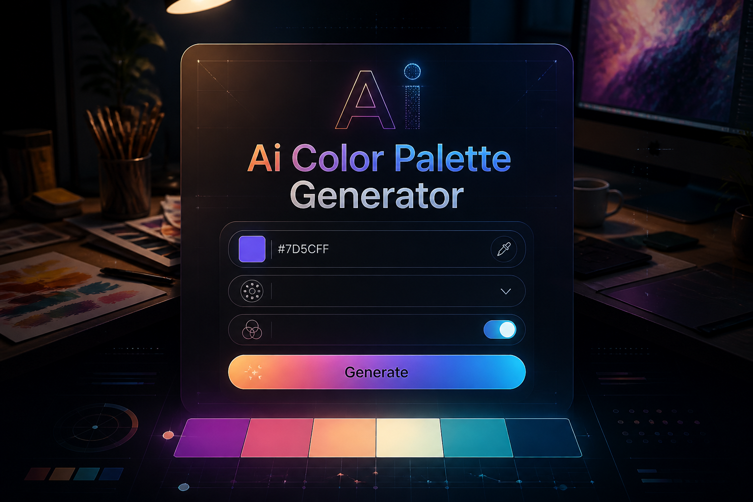 Centered hero graphic for an Ai Color Palette Generator showing a sleek UI panel with a color seed field, palette style dropdown, harmony toggle, and Generate button over a designer desktop with swatches, monitor glow, and subtle grid accents.