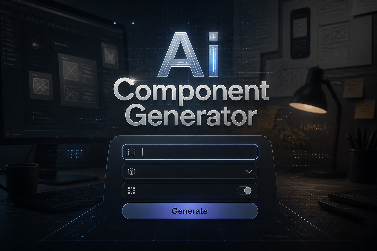 Centered hero graphic for Ai Component Generator showing a polished futuristic UI panel with component name input, component type dropdown, layout mode toggle, and Generate button, ideal for AI component generator and component UI builder tools