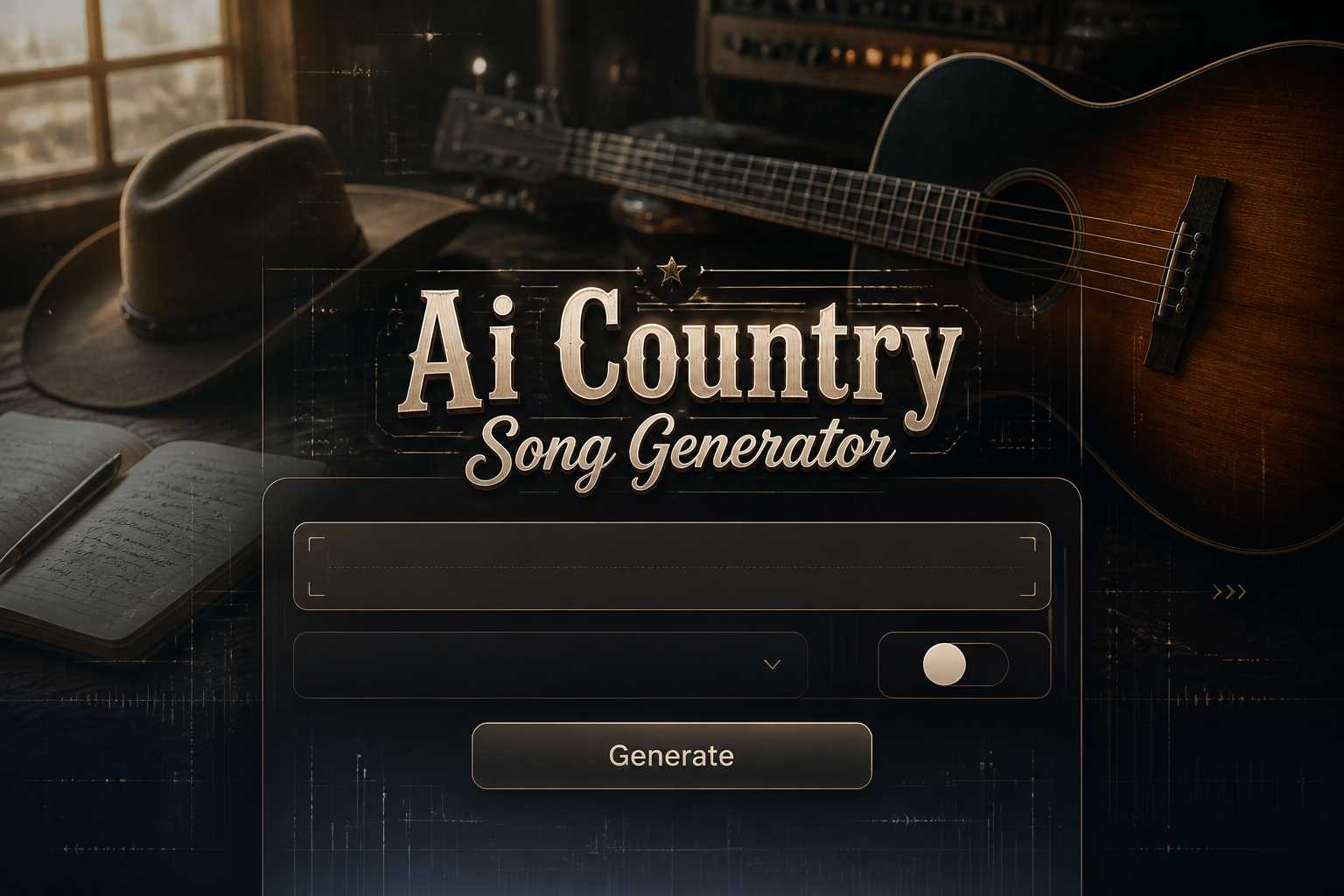 Centered hero graphic for an Ai Country Song Generator with a sleek UI panel, song idea input, dropdown, toggle, and Generate button over a high-contrast country music creation scene, ideal for an AI country song generator tool.