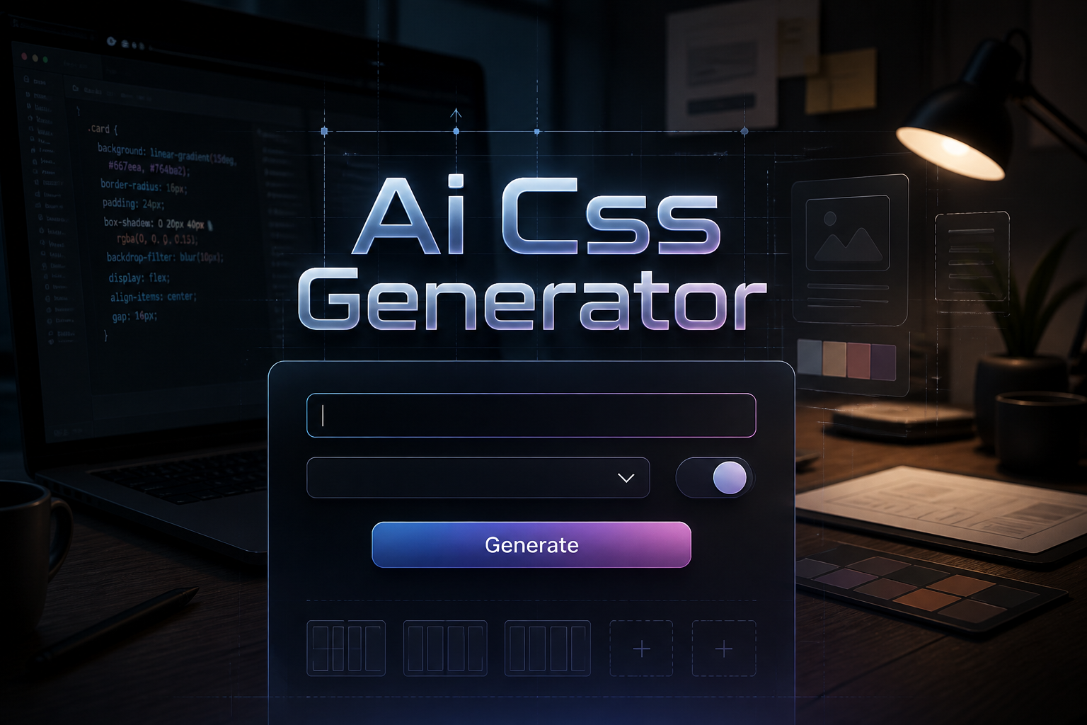 Centered hero graphic for an Ai Css Generator showing a polished UI panel with a CSS class input, minimalist dropdown, layout toggle, and Generate button over a designer workspace with code visuals and subtle grid lines.