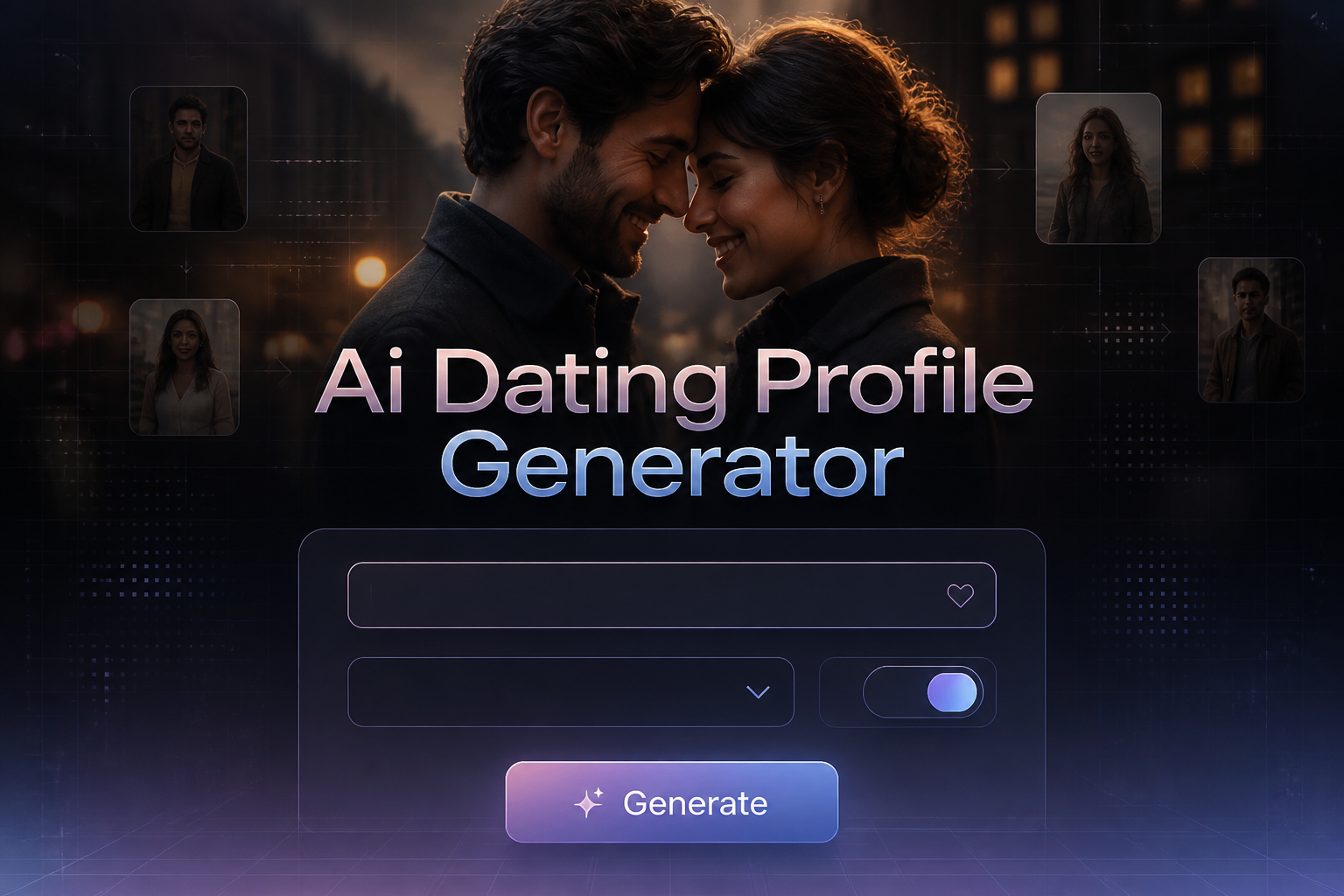 Centered hero graphic with "Ai Dating Profile Generator" in sleek AI-style type above a refined panel showing an interests input, blank dropdown, compatibility toggle, and Generate button, with subtle dating profile AI generator UI accents.