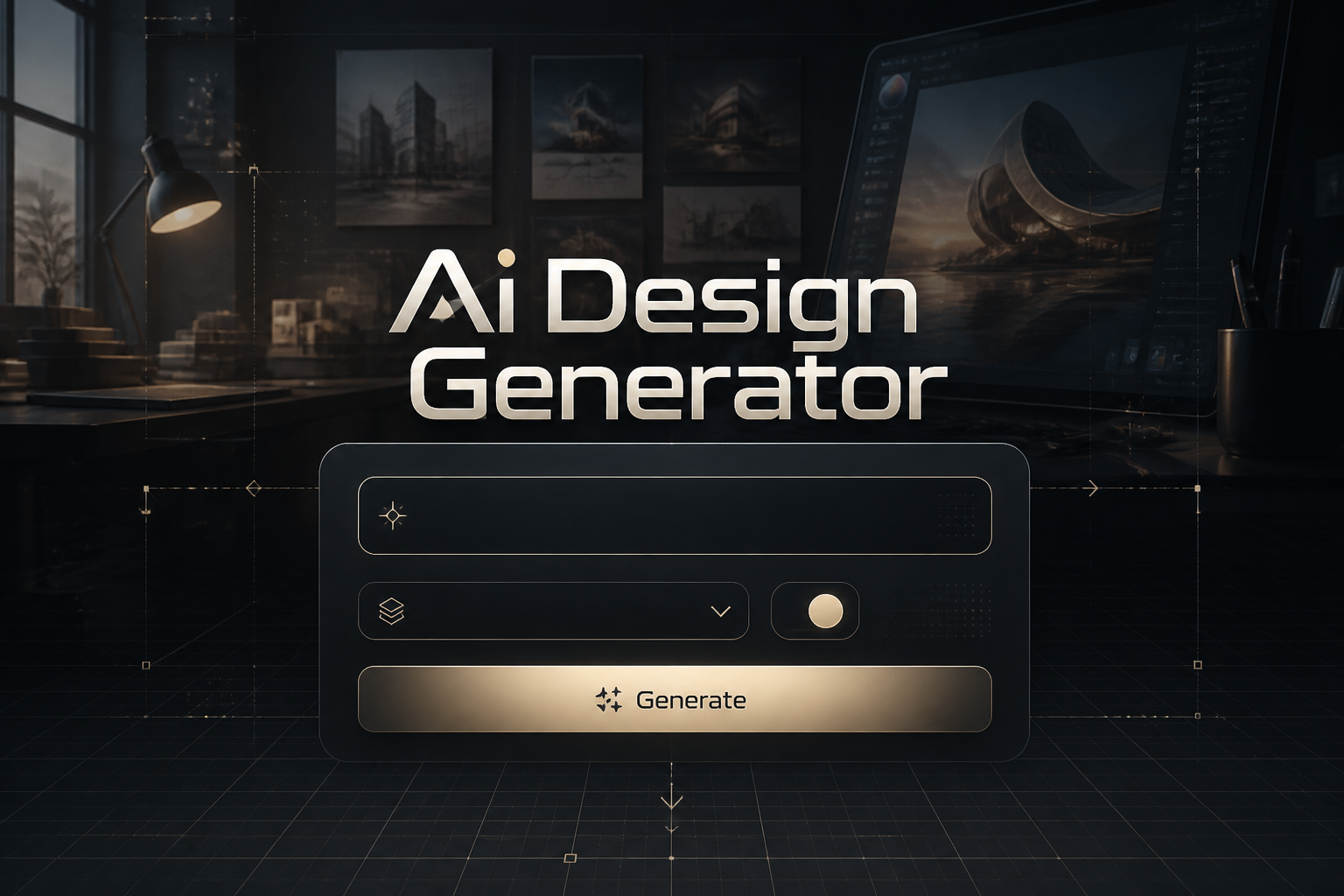 Centered on a premium dark UI hero, the image shows the text Ai Design Generator above a refined prompt input, style dropdown, toggle, and Generate button, with faint grid lines and creative workflow elements in the background.