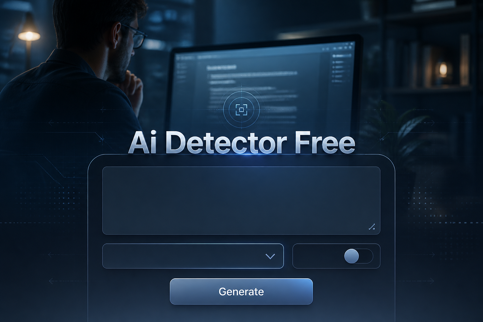 Centered hero graphic showing "Ai Detector Free" above a sleek AI content checker UI with a pasted text field, source dropdown, accuracy toggle, and Generate button, plus a writer on a modern screen in the background.