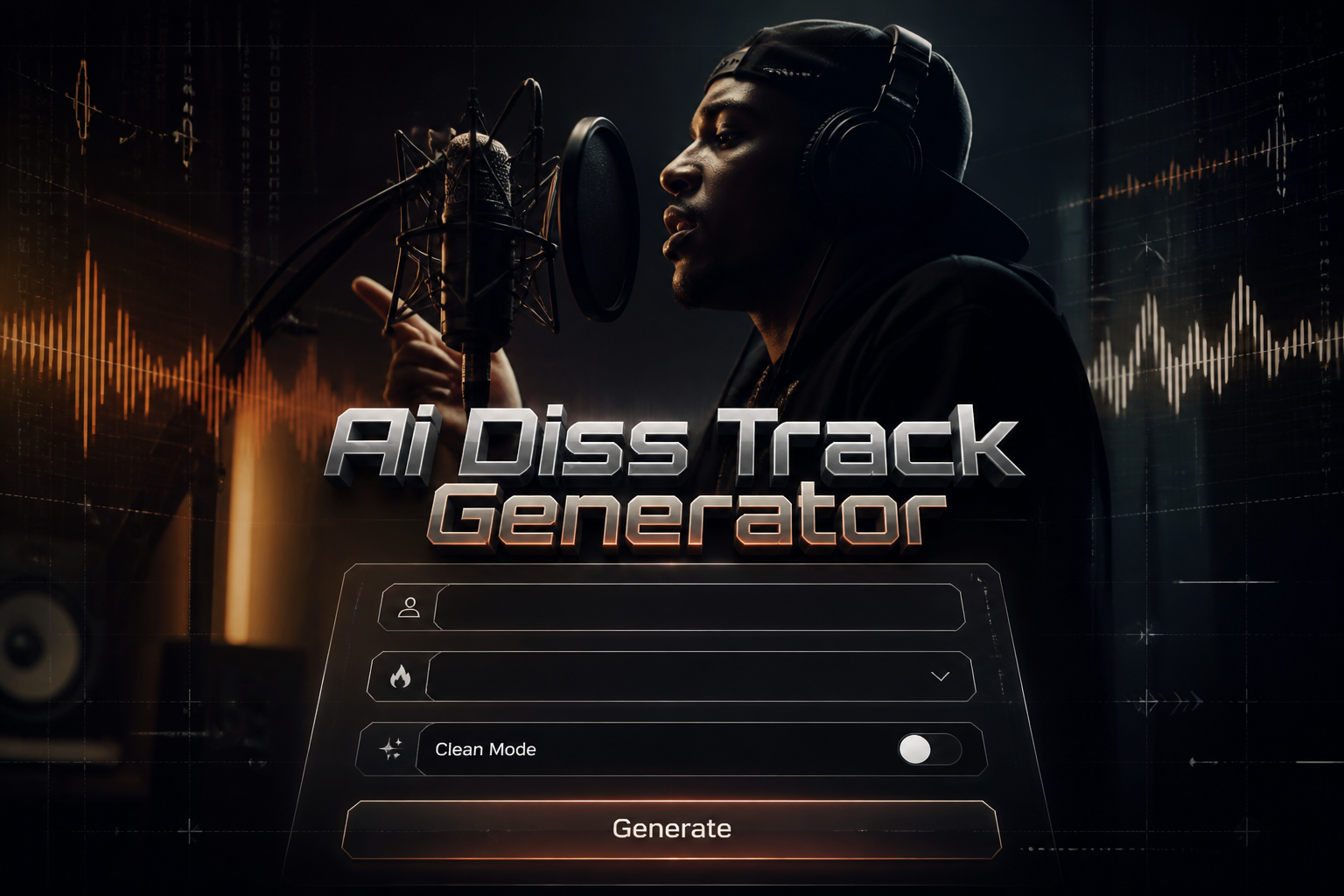 Centered hero image for an ai diss track generator showing the title text with deep shadow, a rapper at a studio mic in the background, and a sleek UI panel with artist name input, diss style dropdown, clean mode toggle, and Generate button.