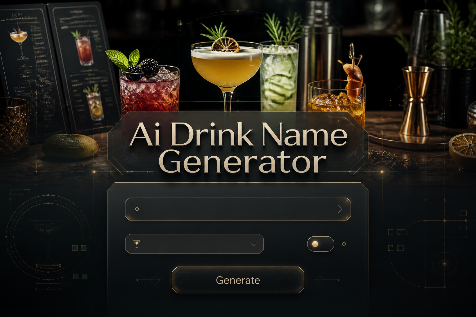 Centered hero graphic for an AI drink name generator with bold "Ai Drink Name Generator" text, a drink flavor input, drink type dropdown, creative mode toggle, and Generate button over a sleek cocktail bar scene with menu inspiration and UI grid accents.