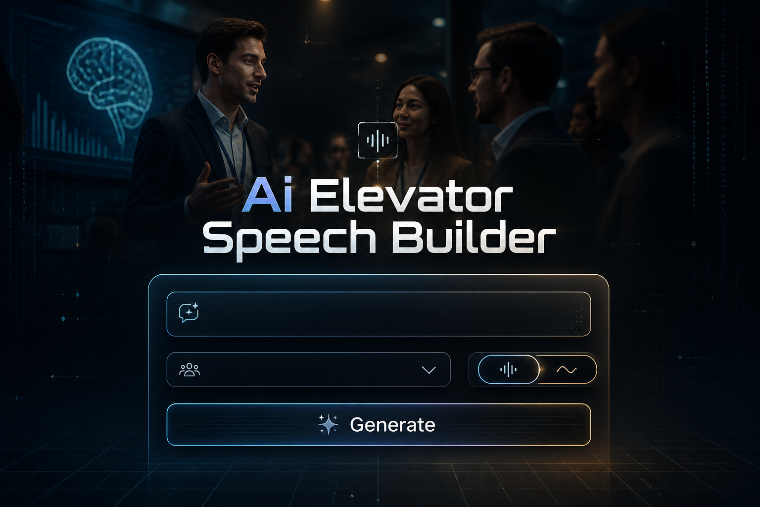 Centered sleek hero image with the title Ai Elevator Speech Builder, a polished input field for a short business idea, audience dropdown, tone toggle, and Generate button, styled like an AI pitch deck elevator speech generator for networking moments.