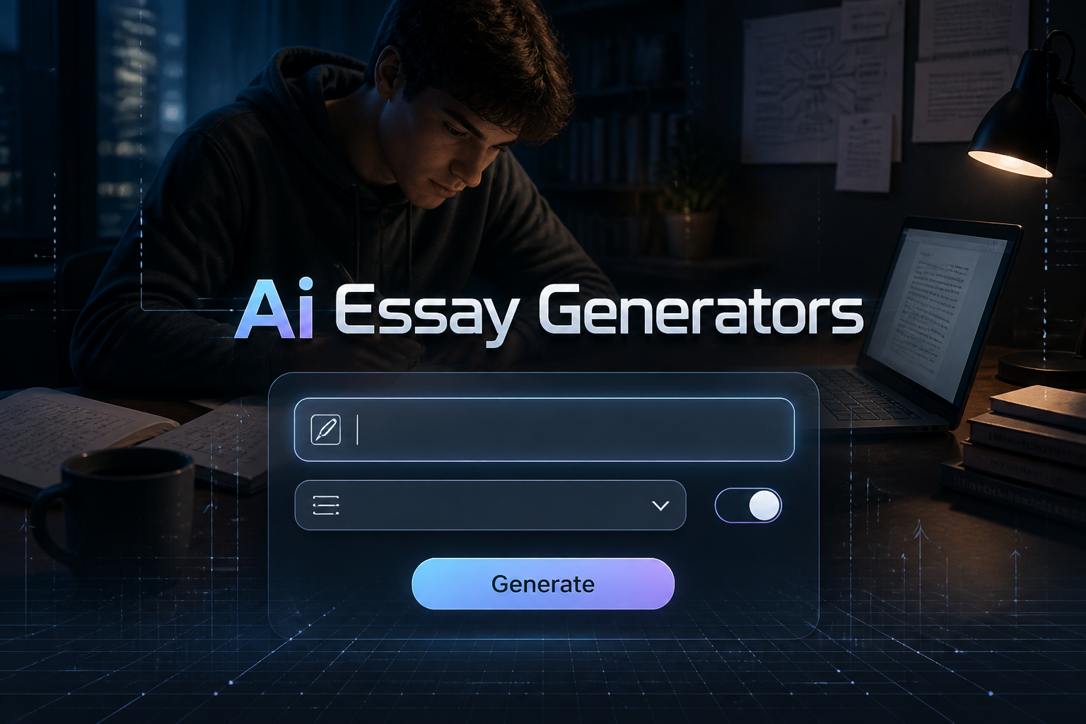 Centered hero graphic for Ai Essay Generators with a smart essay tool panel, input field, dropdown, toggle, and Generate button over a student workspace, ideal for ai essay generator tool and AI essay writing assistant visuals