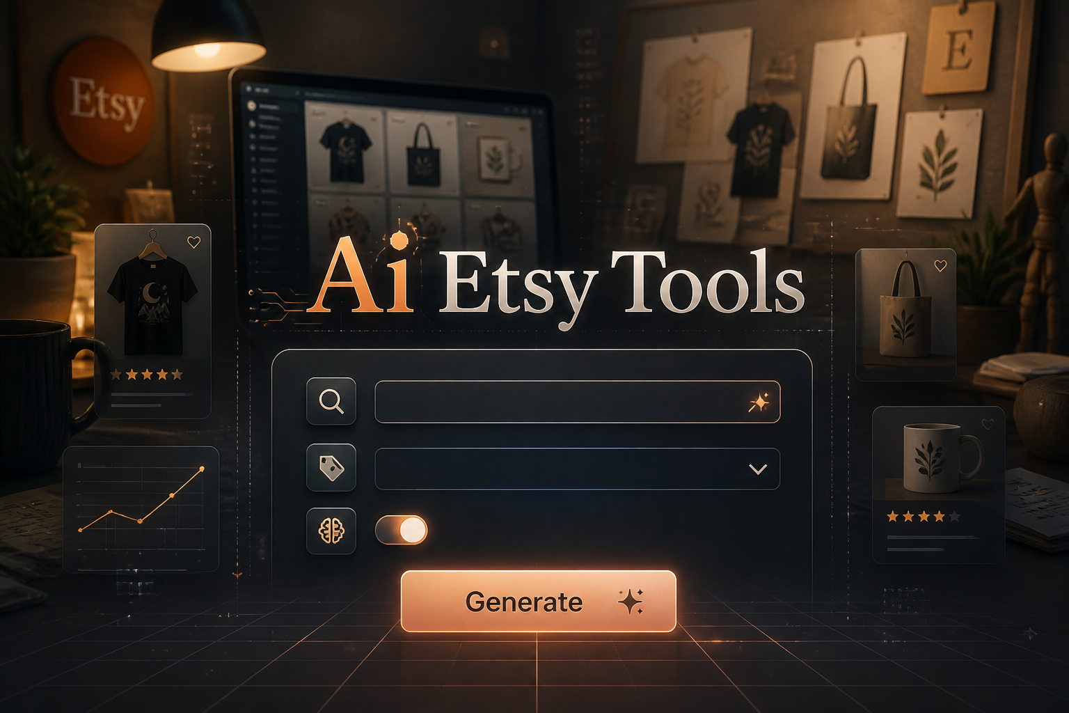 Premium Ai Etsy Tools hero graphic with centered smart UI panel showing a shop keyword input, product type dropdown, AI boost toggle, and Generate button over an Etsy creator workspace, ideal for ai etsy listing optimization and Etsy AI tools.