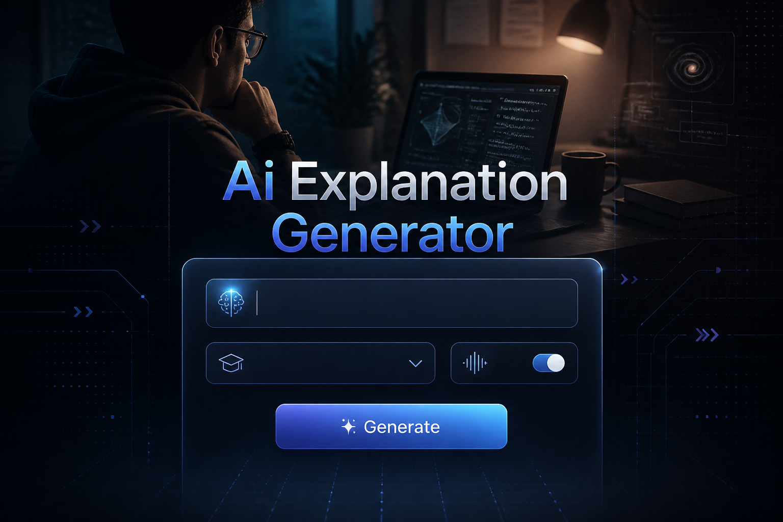 Centered premium hero image with the title Ai Explanation Generator, a clean explanation topic input, audience level dropdown, tone toggle, and Generate button over a subtle AI interface with a person studying on a laptop in the background, ideal for ai explanation generator tool UI and AI explanation prompt generator pages