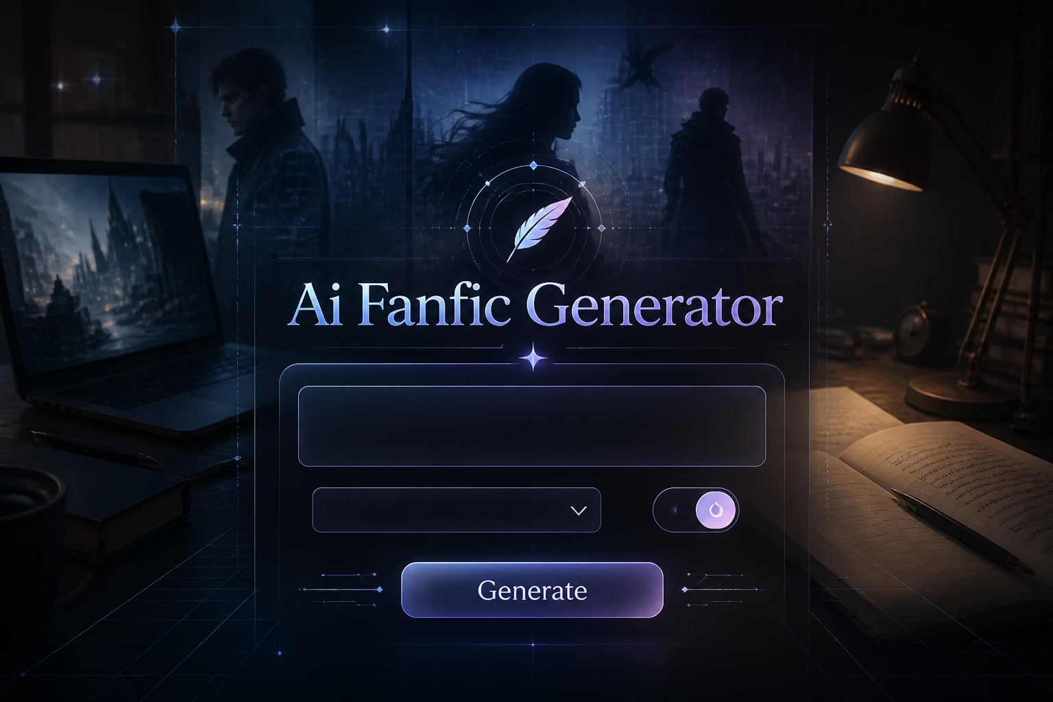 Centered premium hero graphic for an AI fanfic generator with a subtle UI panel, story premise field, Generate button, toggle and dropdown, over a writer's desk scene with laptop, notebooks, and faint character silhouettes.