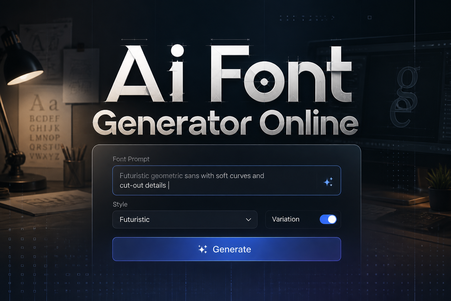 Centered hero graphic for Ai Font Generator Online showing a sleek AI font generator UI with a font prompt field, style dropdown, variation toggle, and Generate button, over a premium typography creation background with subtle grid lines and alignment arrows.