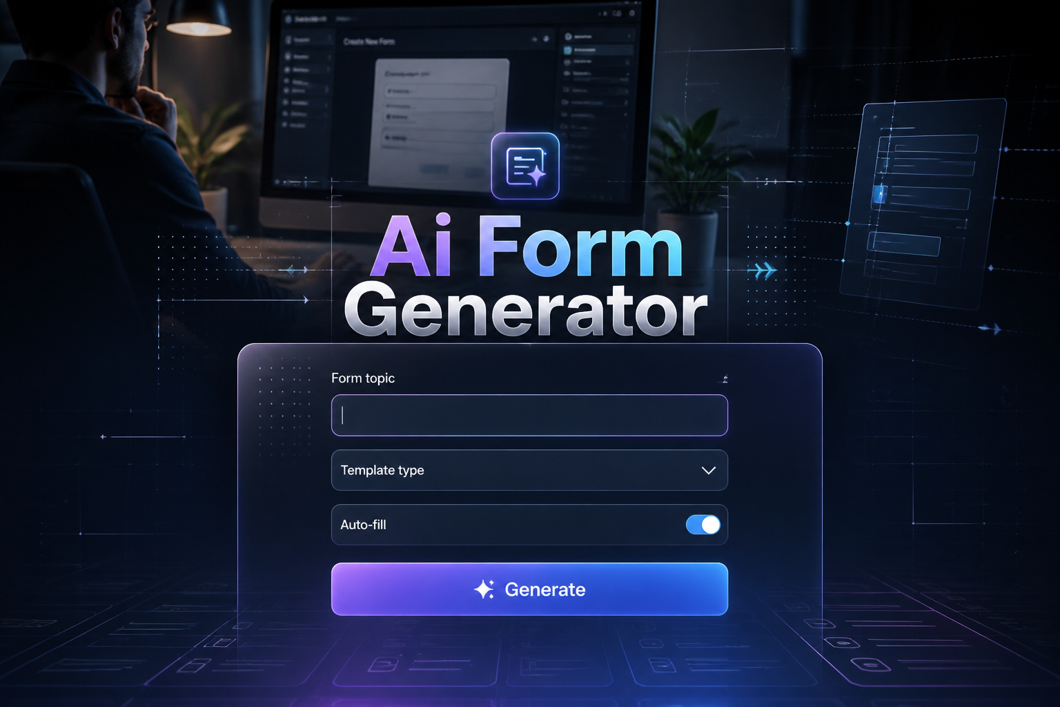 Featured hero graphic with Ai Form Generator text over a sleek smart UI panel showing Form topic, Template type, Auto-fill, and Generate, plus a subtle form generator workflow and AI form builder interface in the background.