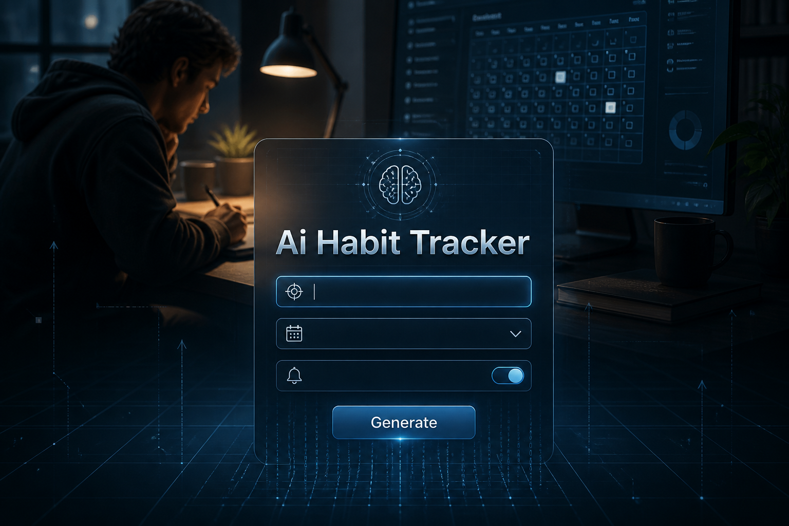 Centered futuristic hero image with "Ai Habit Tracker" above a sleek habit tracker UI panel showing a habit name field, frequency dropdown, reminder toggle, and Generate button over a modern desk scene, ideal for AI habit tracking and habit tracking tool design
