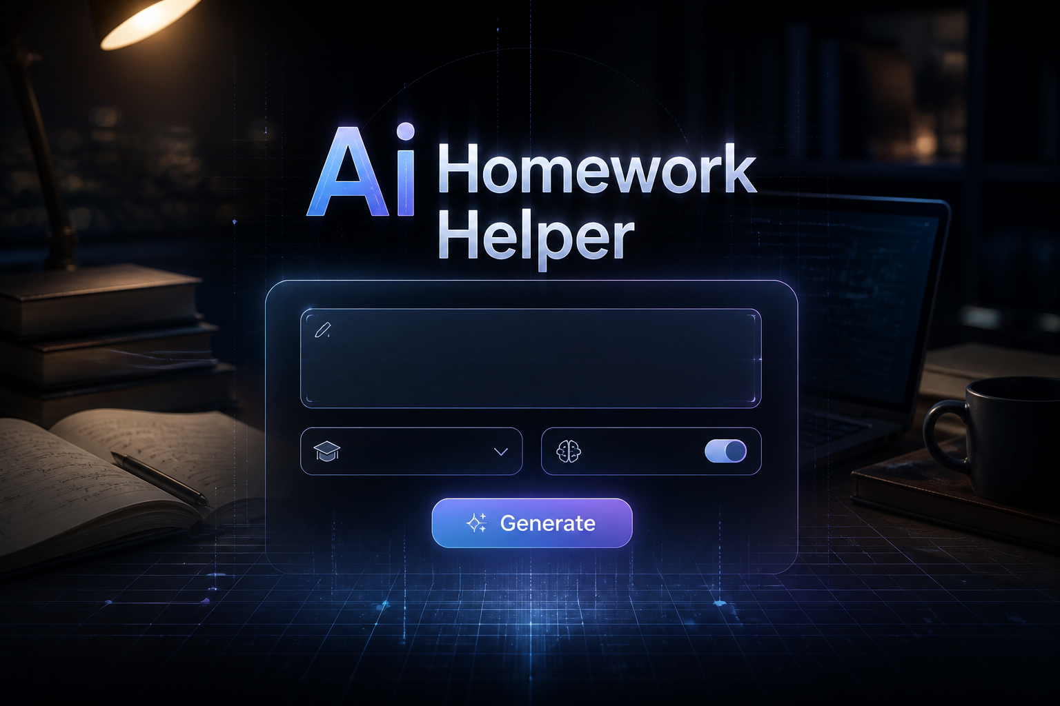 Centered hero graphic with "Ai Homework Helper" above a sleek study panel showing a homework question input, subject dropdown, study mode toggle, and Generate button, over a dim study desk with books, laptop, notes, and subtle grid UI accents.