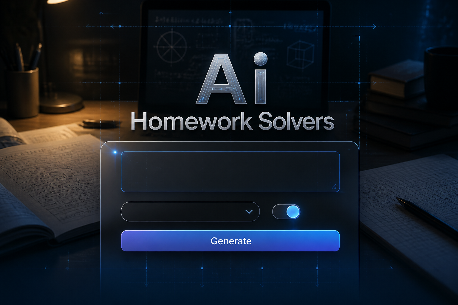Centered AI homework solver hero with the title Ai Homework Solvers above a sleek input field, subject dropdown, step-by-step toggle, and Generate button, set over a fading study desk UI with subtle grid lines for online homework help and AI study assistance