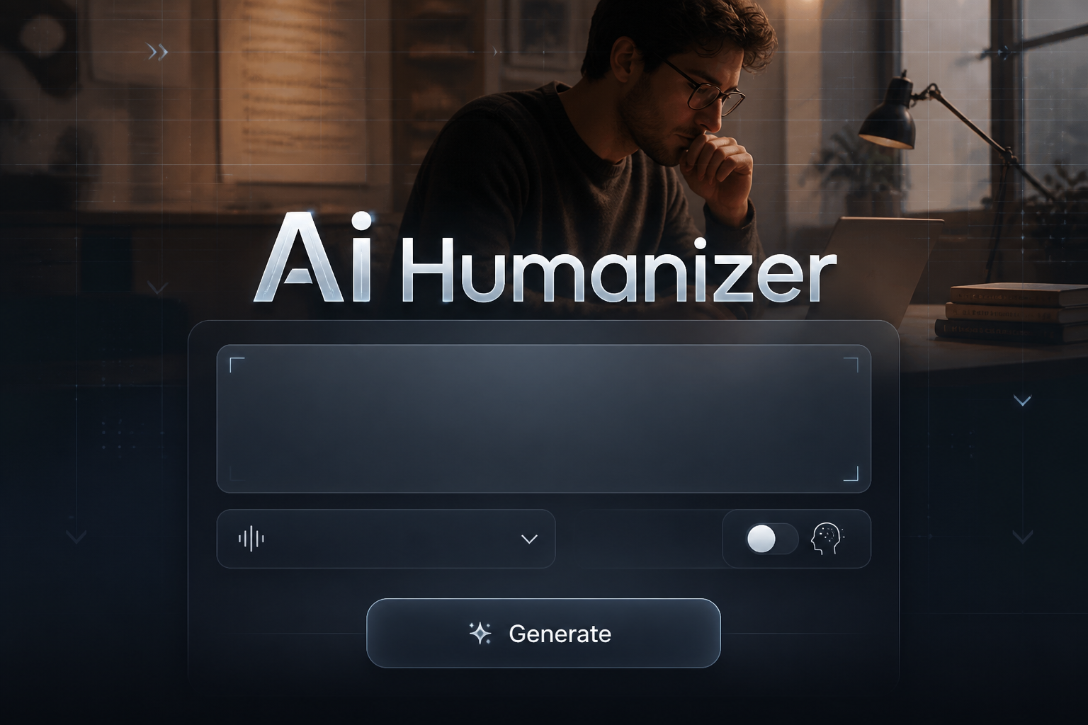 Centered hero graphic for Ai Humanizer showing a polished AI content humanizer interface with pasted text field, tone dropdown, human-like refinement toggle, and Generate button over a writer-at-work background with subtle grid and alignment arrows.