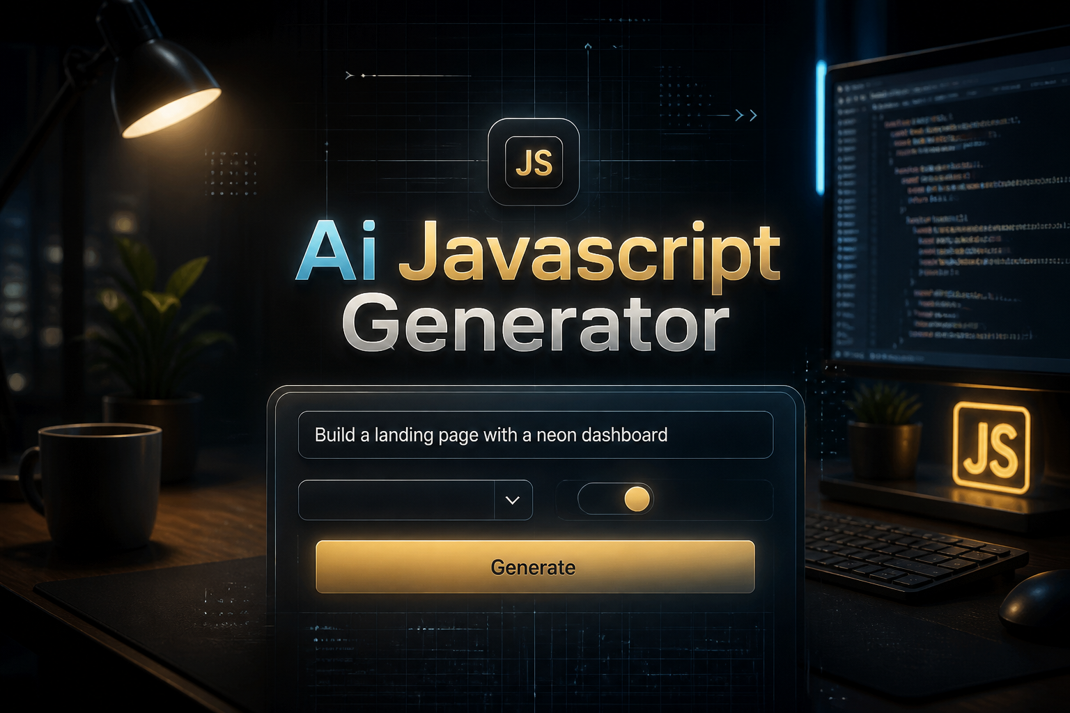 Centered hero graphic of an Ai Javascript Generator UI with a premium shadowed title, one prompt field reading "Build a landing page with a neon dashboard," framework dropdown, code style toggle, and Generate button over a sleek developer workspace background.