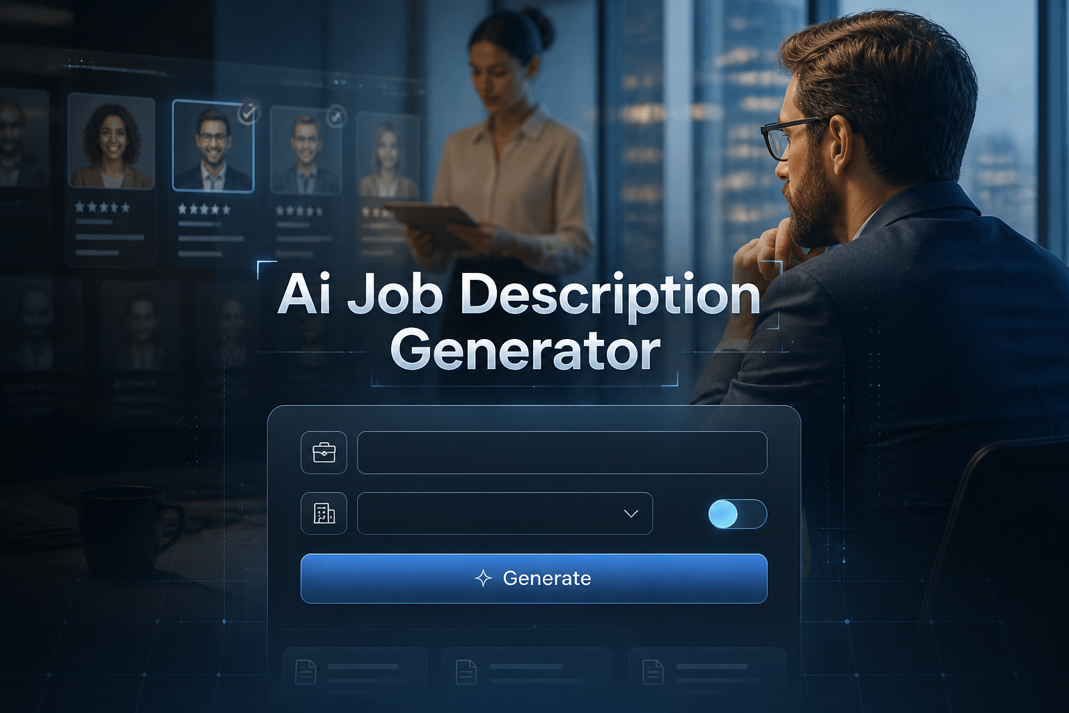 Premium hero graphic for an ai job description generator showing the title text, a centered hiring interface with job title field, department dropdown, seniority/remote toggle, and Generate button over a modern office background.