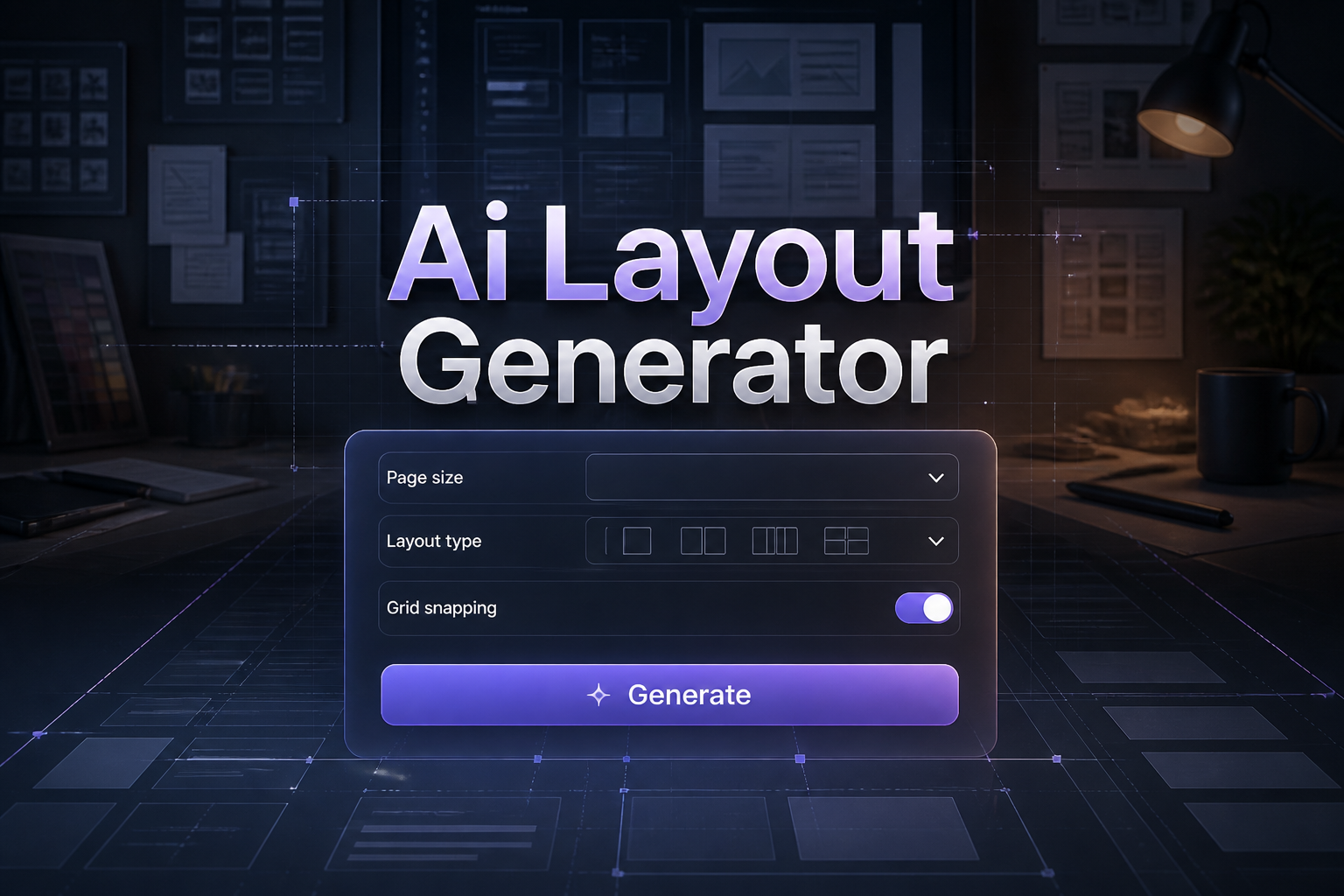Centered featured hero for an Ai Layout Generator showing a sleek UI panel with Page size input, layout type dropdown, grid snapping toggle, and Generate button, over a designer workspace background with wireframes and subtle grid lines.