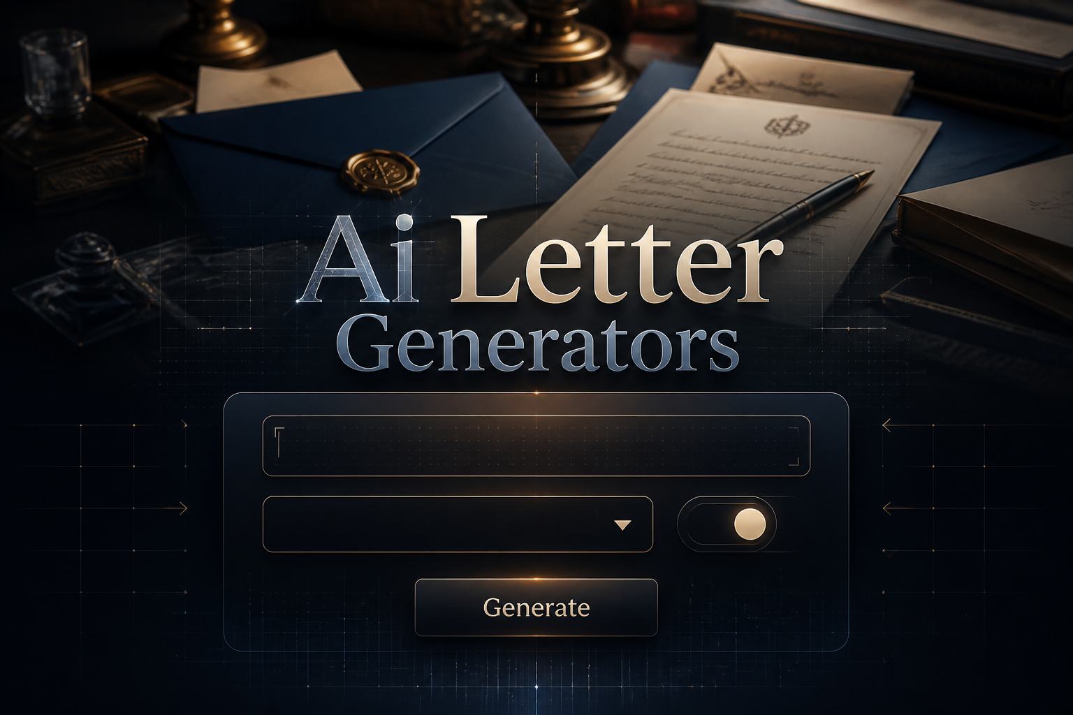 Centered AI Letter Generators hero graphic with a sleek input panel for letter idea, style dropdown, tone toggle, and Generate button over polished letters and envelopes, ideal for ai letter generator tool and AI letter writing assistant.