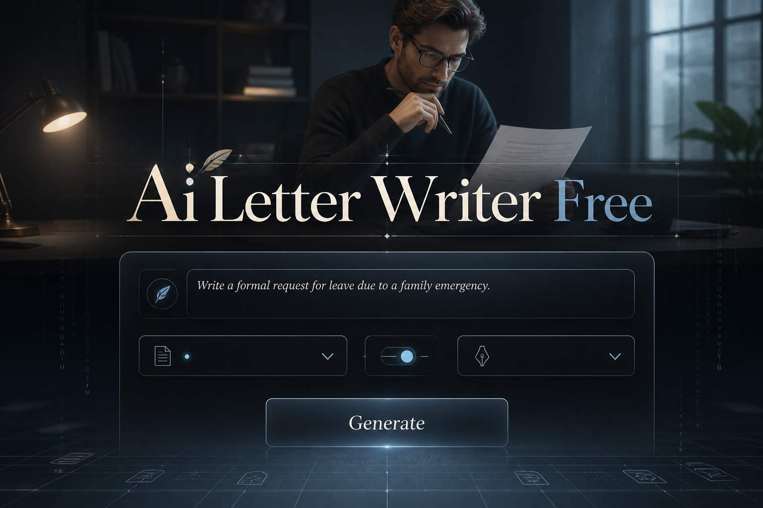 A premium hero graphic shows "Ai Letter Writer Free" above a sleek letter-writing UI with prompt field, letter type dropdown, tone toggle, and Generate button, over a modern workspace background for a free AI letter writer tool.