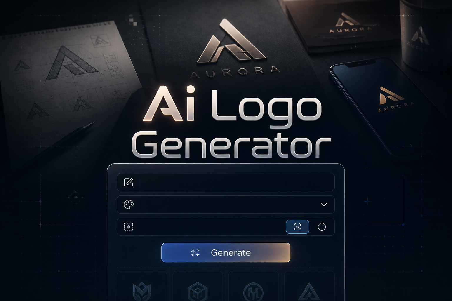 Centered hero UI for an Ai Logo Generator with a brand name field, style dropdown, icon style toggle, and Generate button, set over a premium AI logo maker interface with subtle grids and a refined shadowed title.