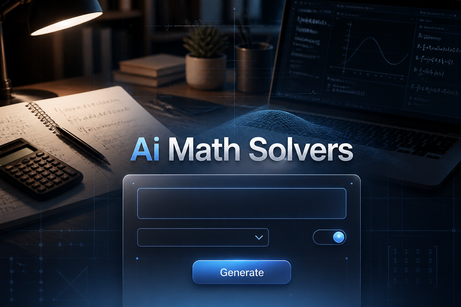Centered hero image for Ai Math Solvers with a refined UI panel, one math input field, a solver type dropdown, a small toggle, and a Generate button, over a student workspace scene for AI math solver tools and online math problem solving.