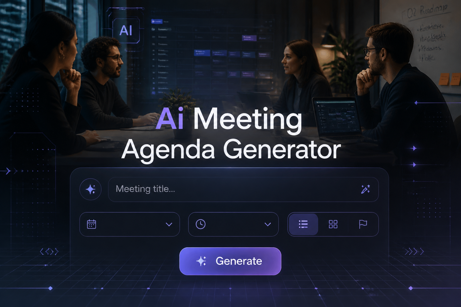 Centered hero graphic for an ai meeting agenda generator, showing a polished UI panel with a meeting title input, date and time dropdown, agenda priority toggle, and Generate button over a modern team meeting scene with laptop and calendar cues.