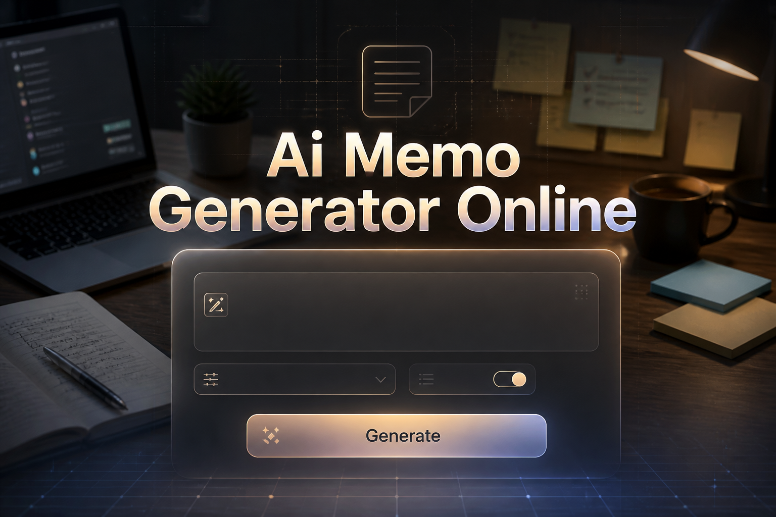 Centered premium hero image showing "Ai Memo Generator Online" above a sleek memo tool panel with input field, tone dropdown, summary toggle, and Generate button, plus a desk-and-notes background for ai memo generator online and online memo generator tool.