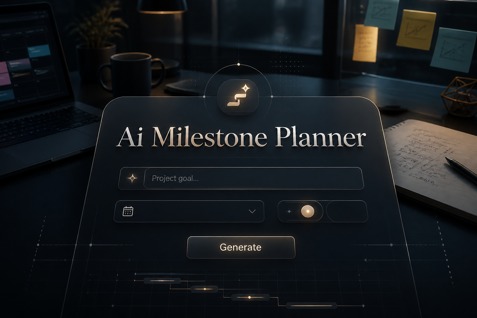 Featured hero image for Ai Milestone Planner with a polished AI planning panel, project goal input, timeline dropdown, priority toggle, and Generate button over a modern workspace background for smart milestone planning.