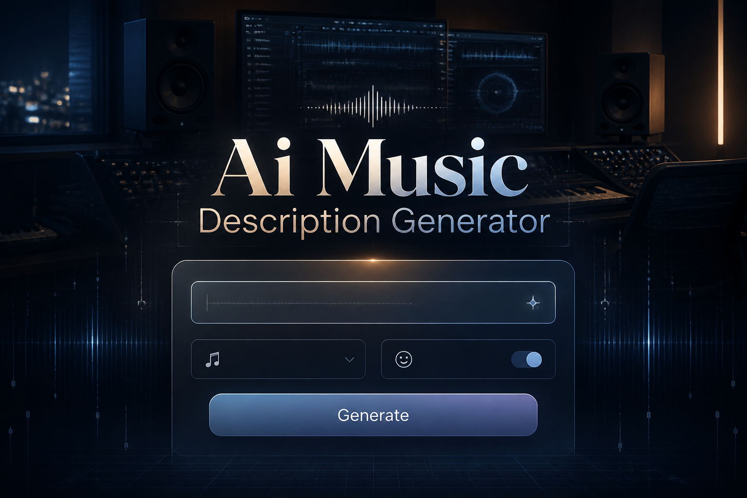 Centered hero graphic for Ai Music Description Generator showing a sleek AI tool panel with a music description input, genre dropdown, mood toggle, and Generate button over a studio workspace, ideal for an AI music description generator tool.