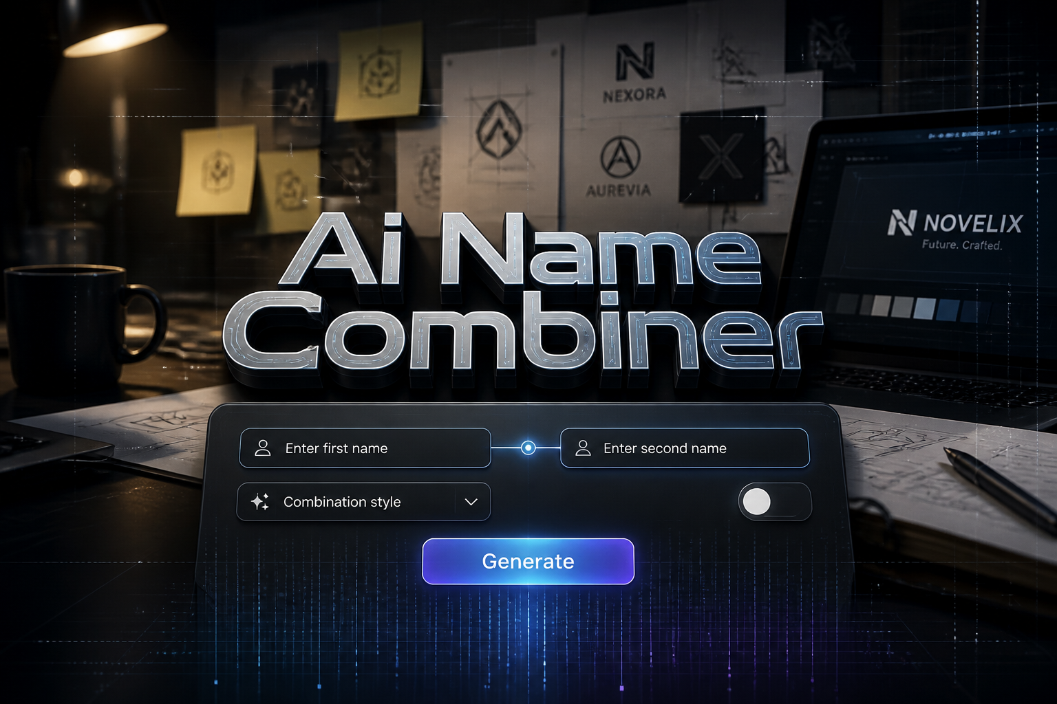 Hero image for Ai Name Combiner showing a sleek centered UI panel with two name input fields, a combo-style dropdown, a toggle, and a Generate button, set over a premium branding workspace with subtle grid lines and alignment arrows.