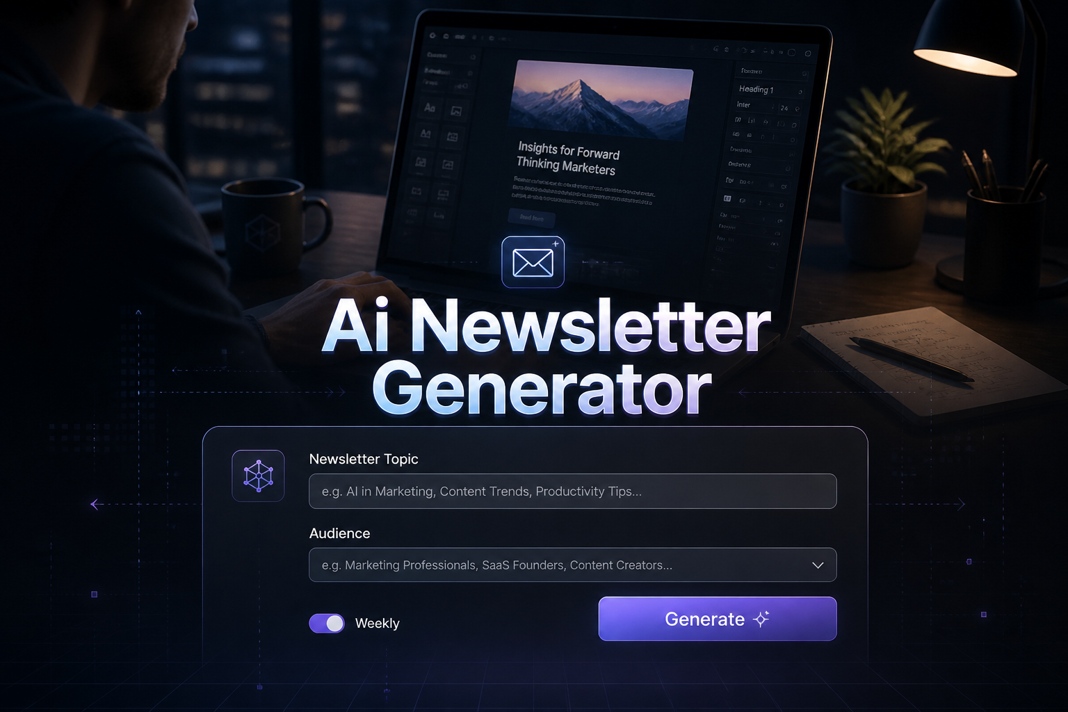 Centered hero image for an AI newsletter generator tool showing "Ai Newsletter Generator" over a sleek UI panel with a Newsletter Topic field, Audience dropdown, Weekly toggle, and Generate button, plus a marketer at a modern desk in the background.