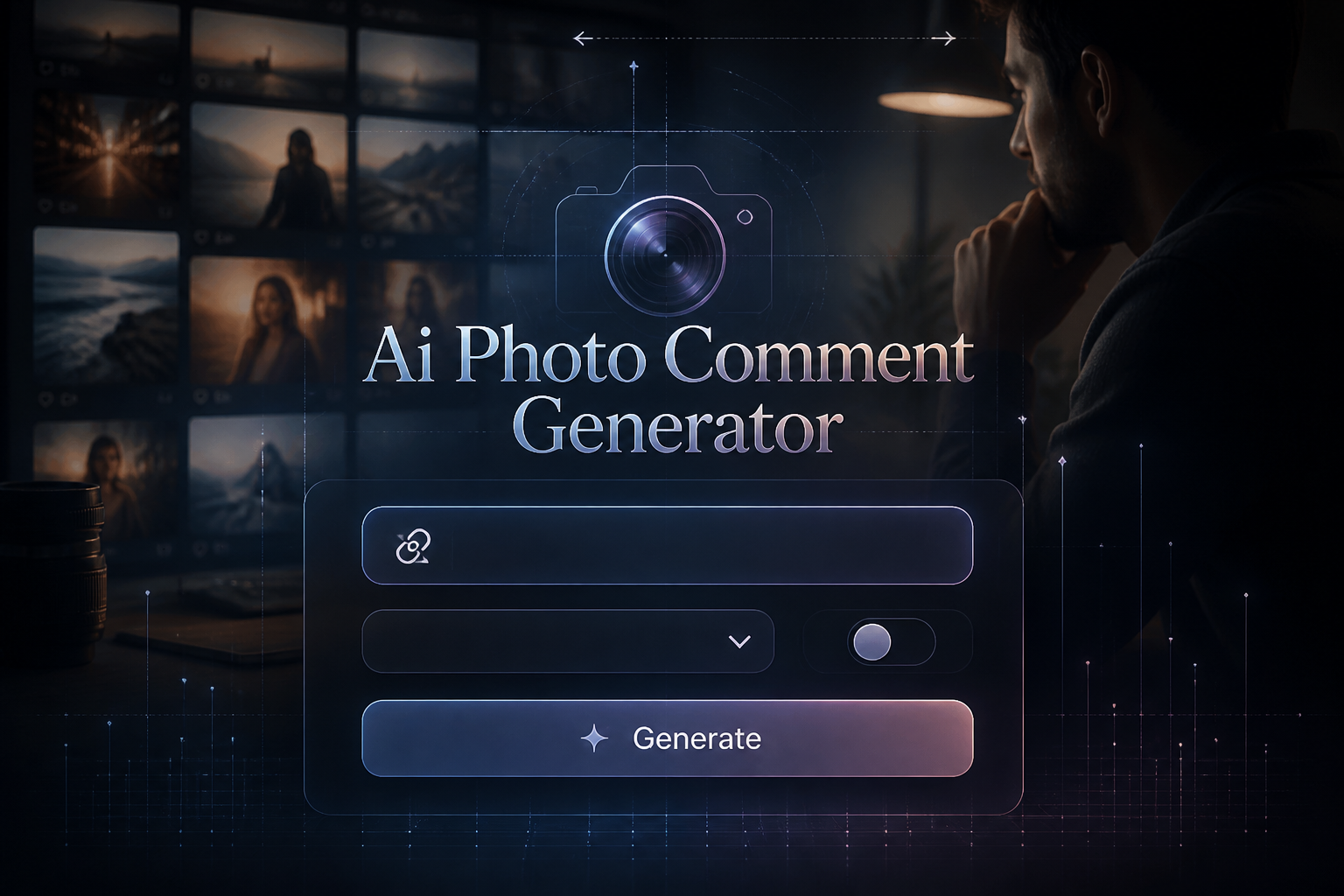 Centered hero graphic for an Ai Photo Comment Generator with a refined UI panel showing a photo URL field, comment tone dropdown, reply style toggle, and Generate button, over a creator reviewing a photo feed in a polished AI photo comment generator interface.