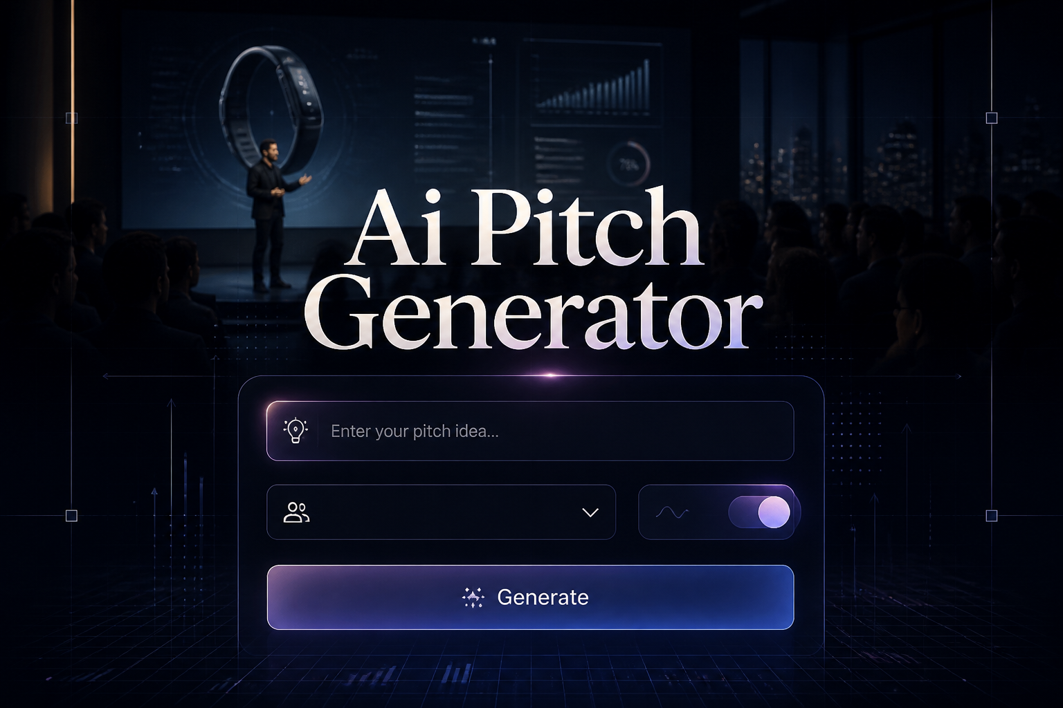 Centered hero graphic for an AI pitch generator tool with the title Ai Pitch Generator, a sleek input field, audience dropdown, tone toggle, and Generate button, over a premium startup presentation background with subtle grid accents.