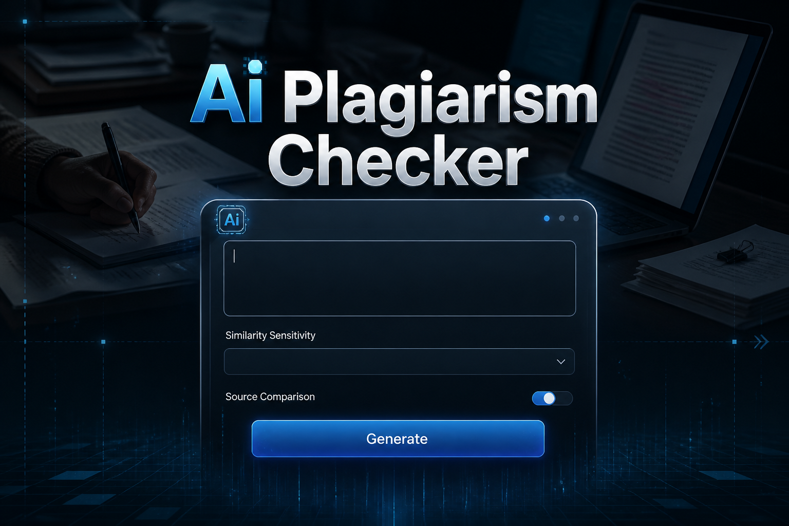 Centered hero image with "Ai Plagiarism Checker" above a sleek AI plagiarism checker UI panel showing a pasted text field, similarity sensitivity dropdown, source comparison toggle, and Generate button over a document review background.