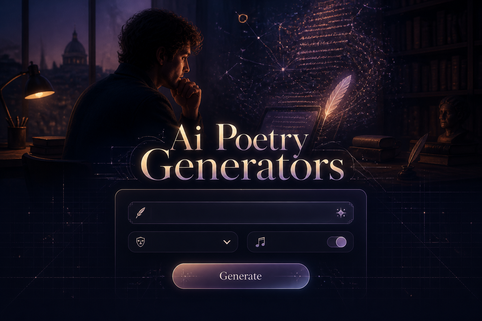 Centered hero graphic for Ai Poetry Generators with a glowing prompt field, tone dropdown, rhyme toggle, and Generate button, set over a sleek AI poetry writing interface with subtle grid lines and a writer use case background.