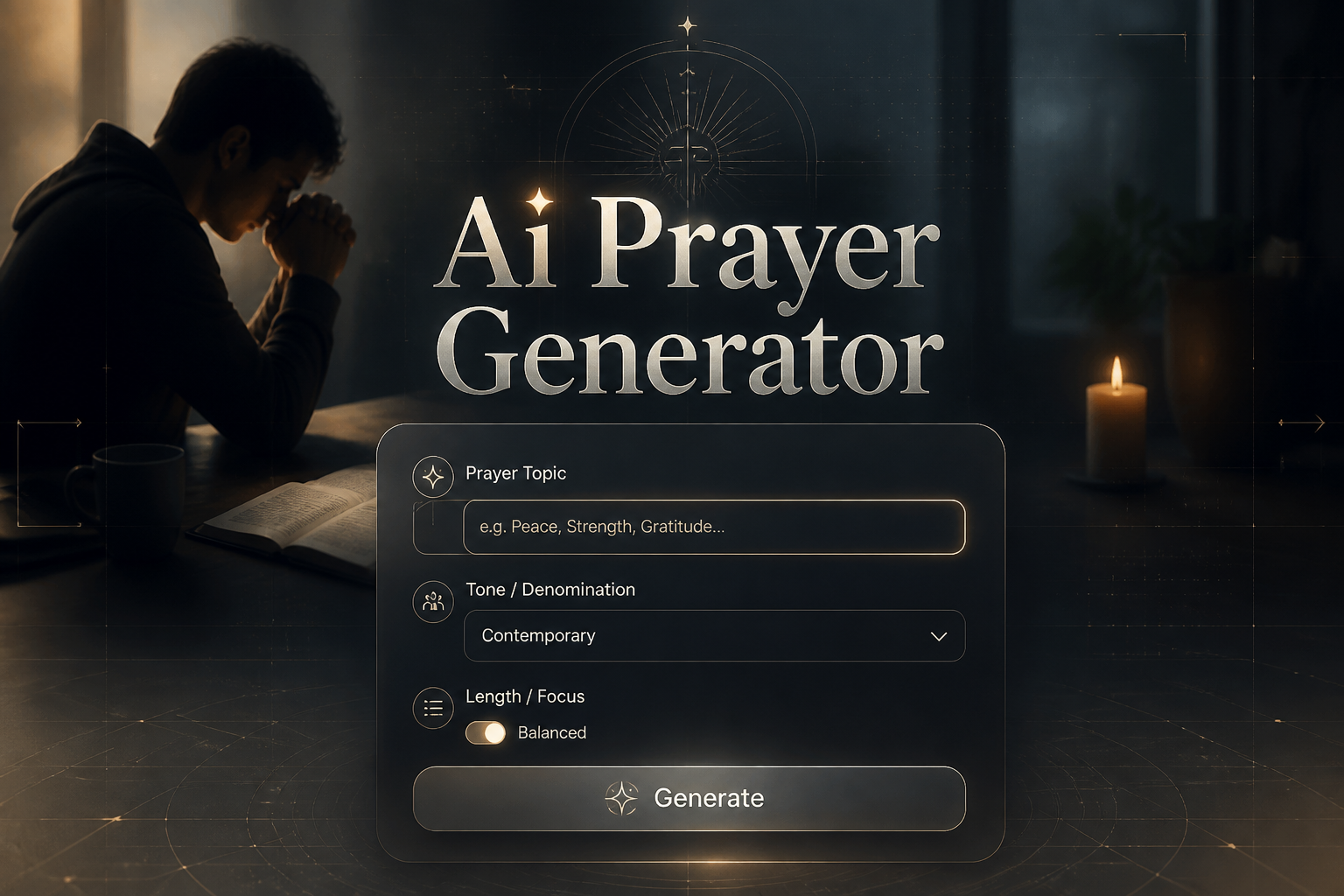 Centered hero graphic for Ai Prayer Generator showing a sleek AI prayer generator UI with a prayer topic field, tone dropdown, length toggle and Generate button over a calm devotional scene with faint grid lines and warm premium highlights.