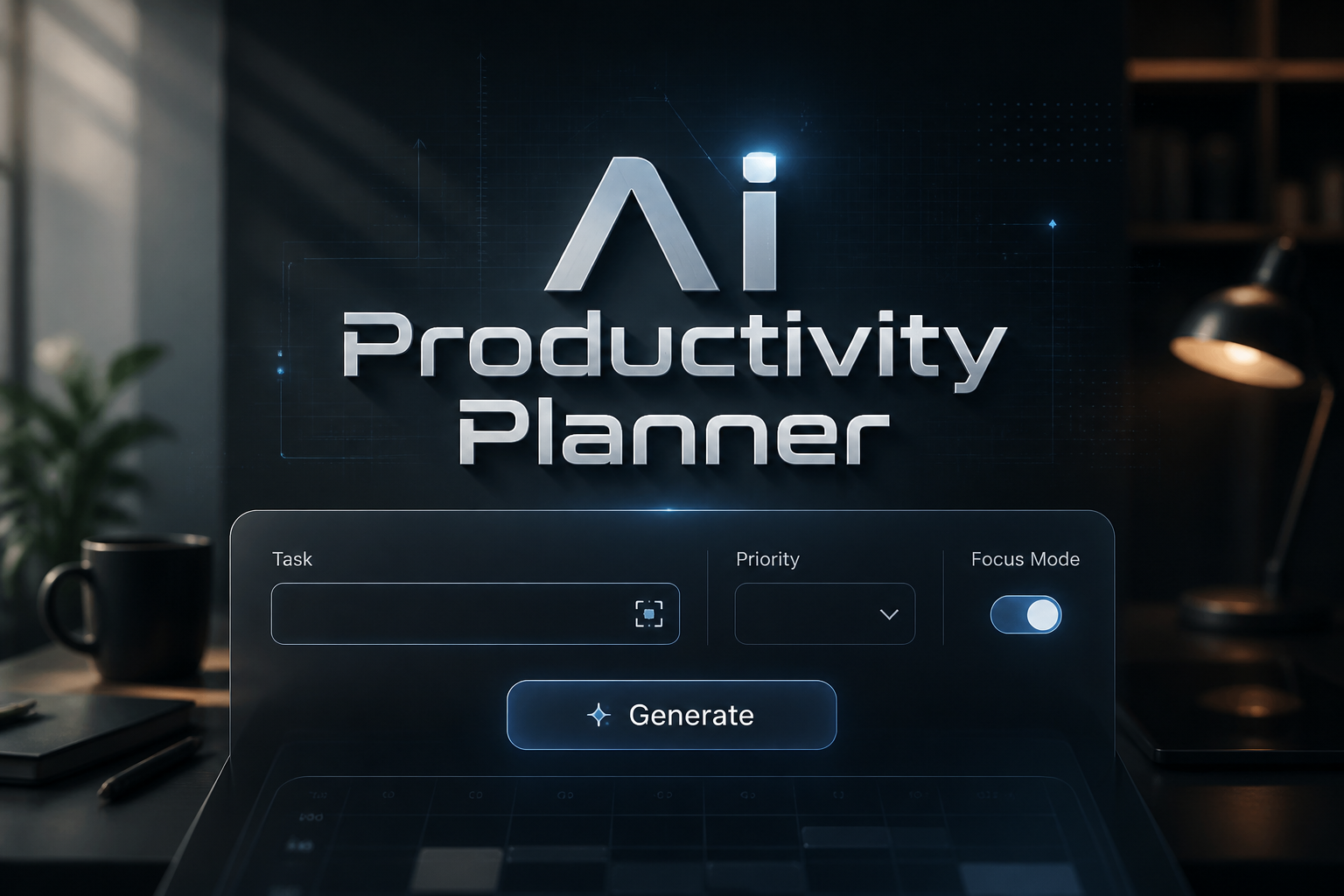 Featured hero image for an Ai Productivity Planner showing a centered sleek planning panel with task input, priority dropdown, focus mode toggle, and Generate button over a polished productivity workspace with abstract grid lines.