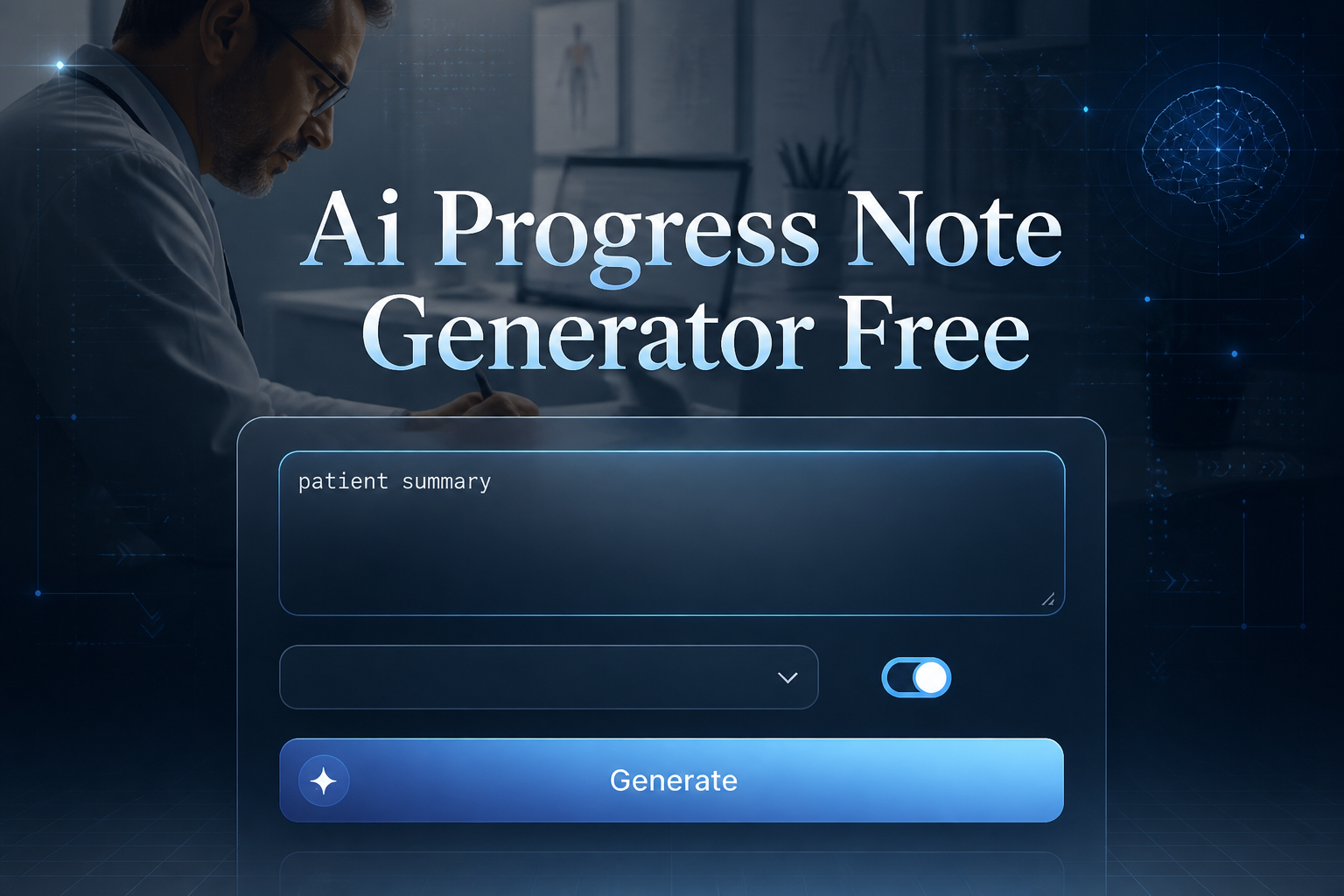Centered premium hero image showing "Ai Progress Note Generator Free" above a sleek clinical note panel with patient summary field, note type dropdown, AI assist toggle, and Generate button, in a smart AI progress note generator free interface.