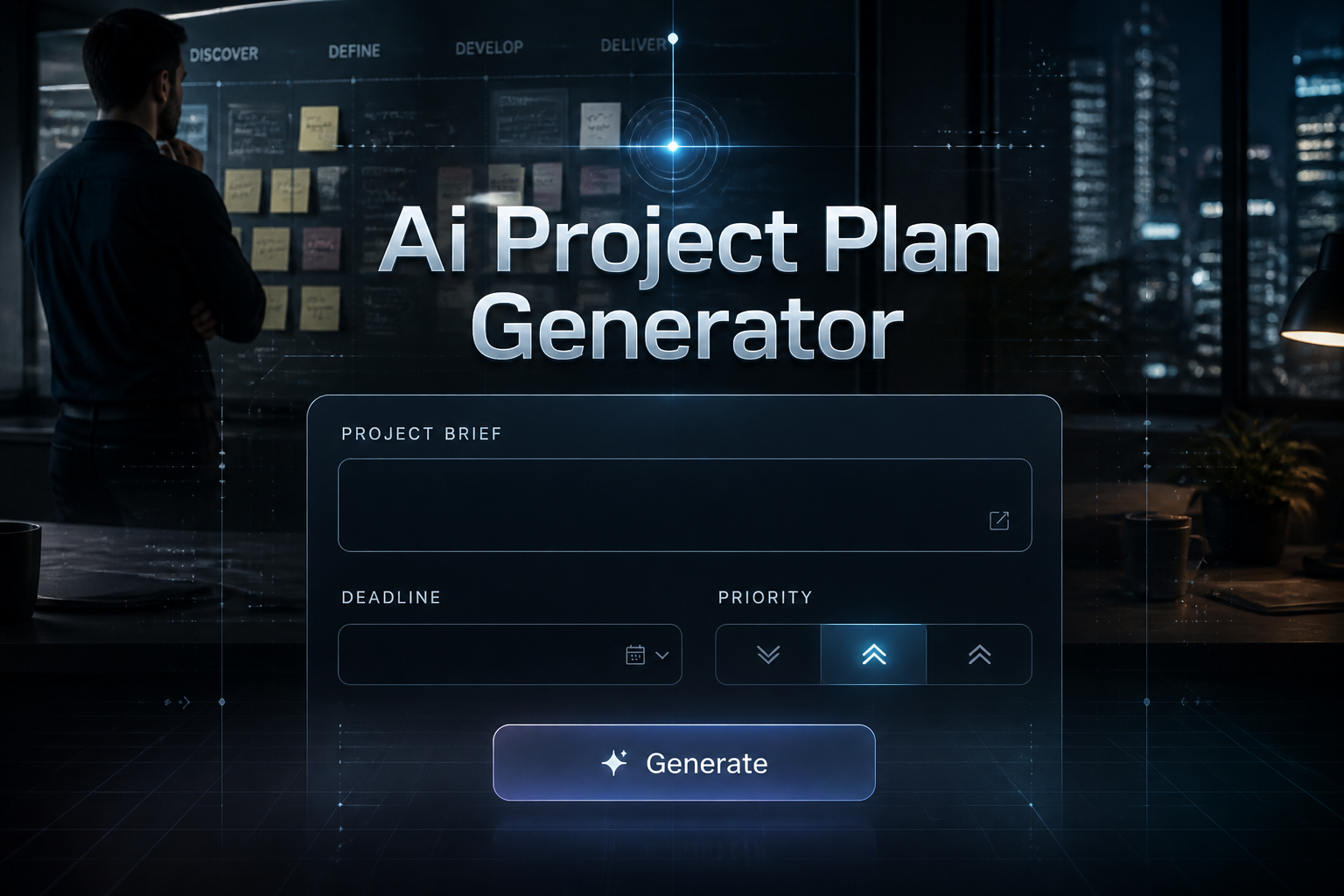 Centered hero graphic for an Ai Project Plan Generator showing a polished UI panel with a project brief field, deadline dropdown, priority toggle, and Generate button over a dark real-life planning scene with subtle grid lines and premium tool aesthetics.