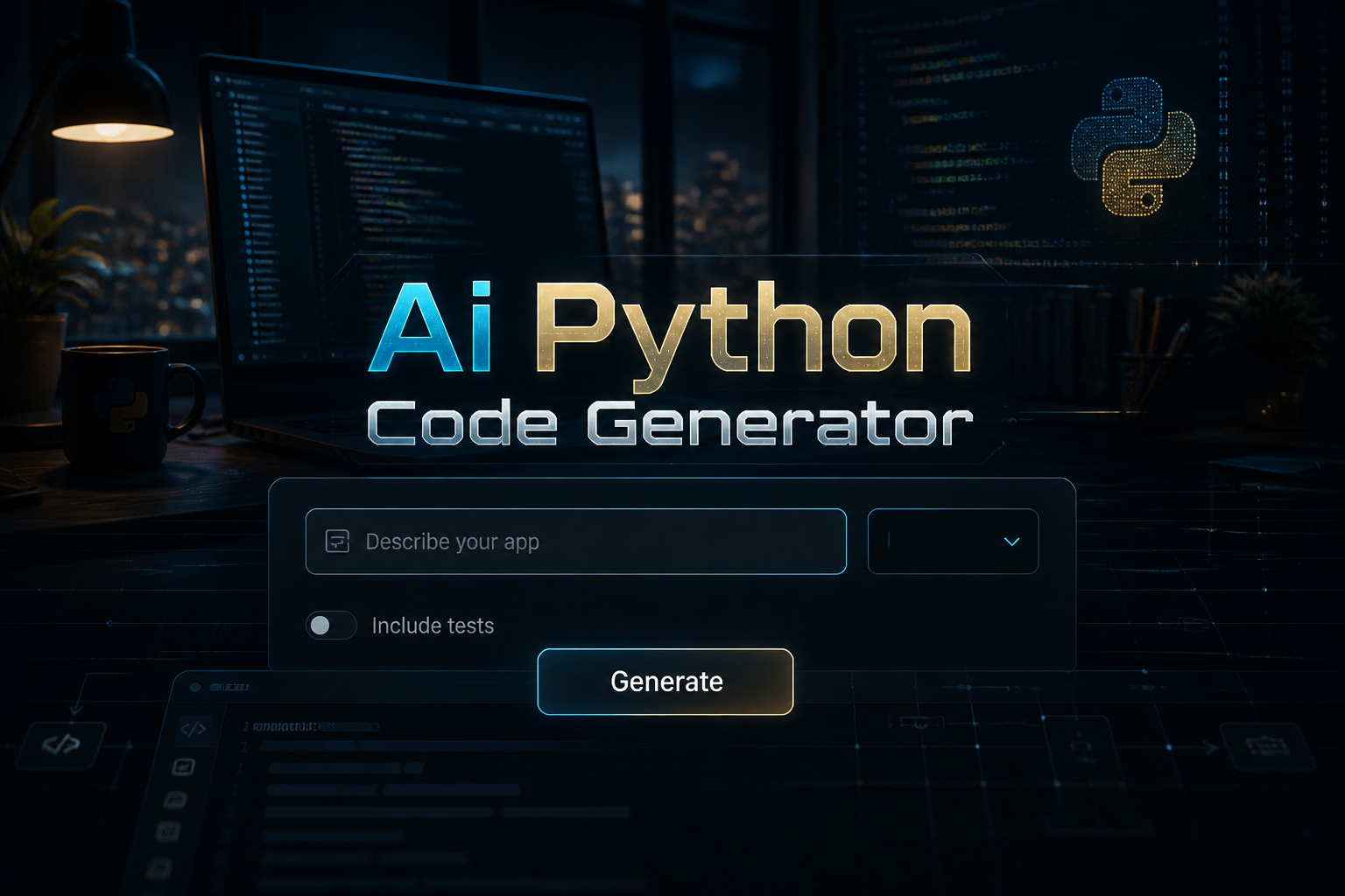 Centered hero graphic for an AI Python code generator showing the title text "Ai Python Code Generator," a sleek prompt field with "Describe your app," compact language dropdown, Include tests toggle, Generate button, and a glowing developer workspace background.