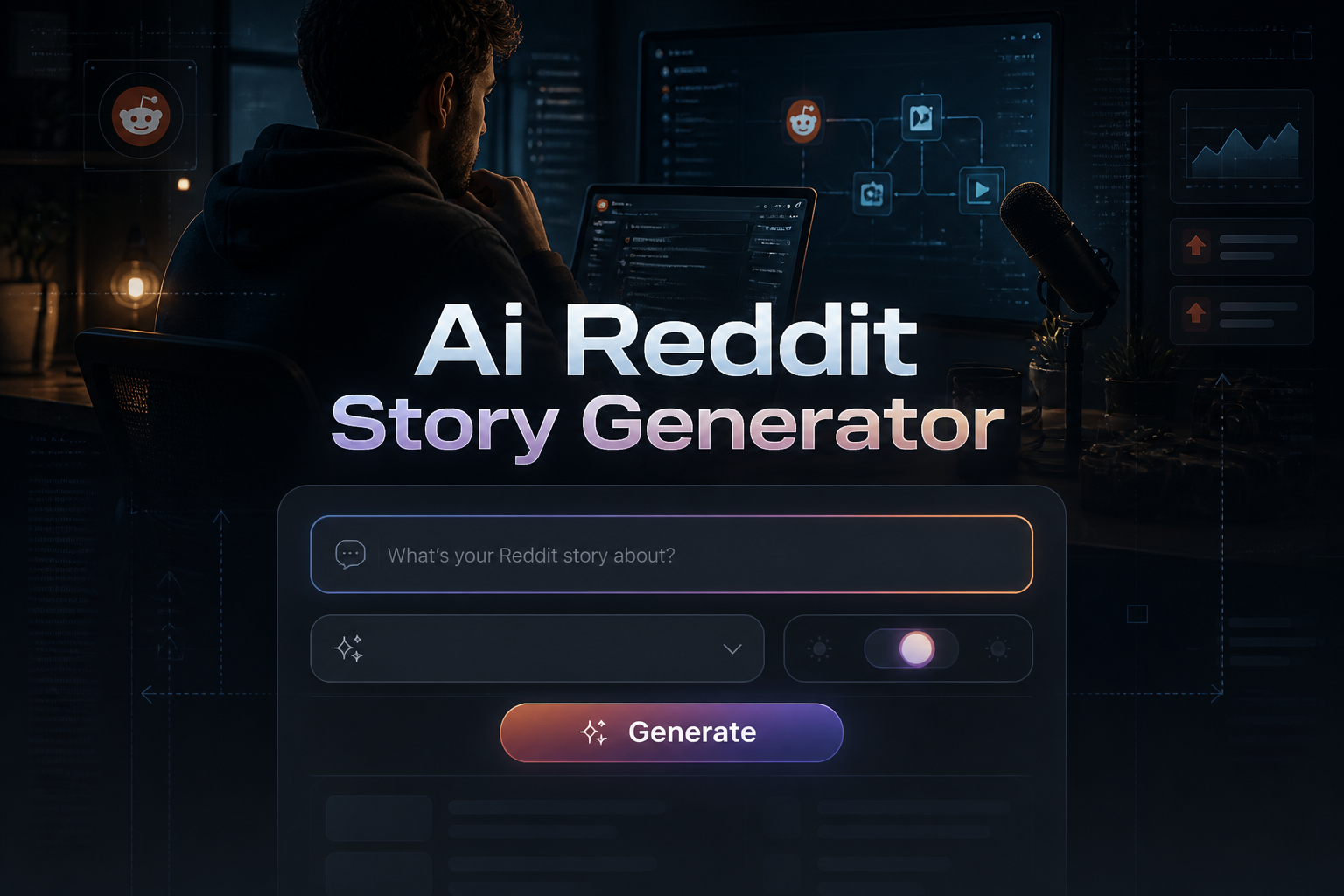 Featured hero image for an ai reddit story generator showing a centered sleek UI panel with topic input, story style dropdown, tone toggle and Generate button over a creator-at-desk background with subtle grid lines and soft shadowed title text.
