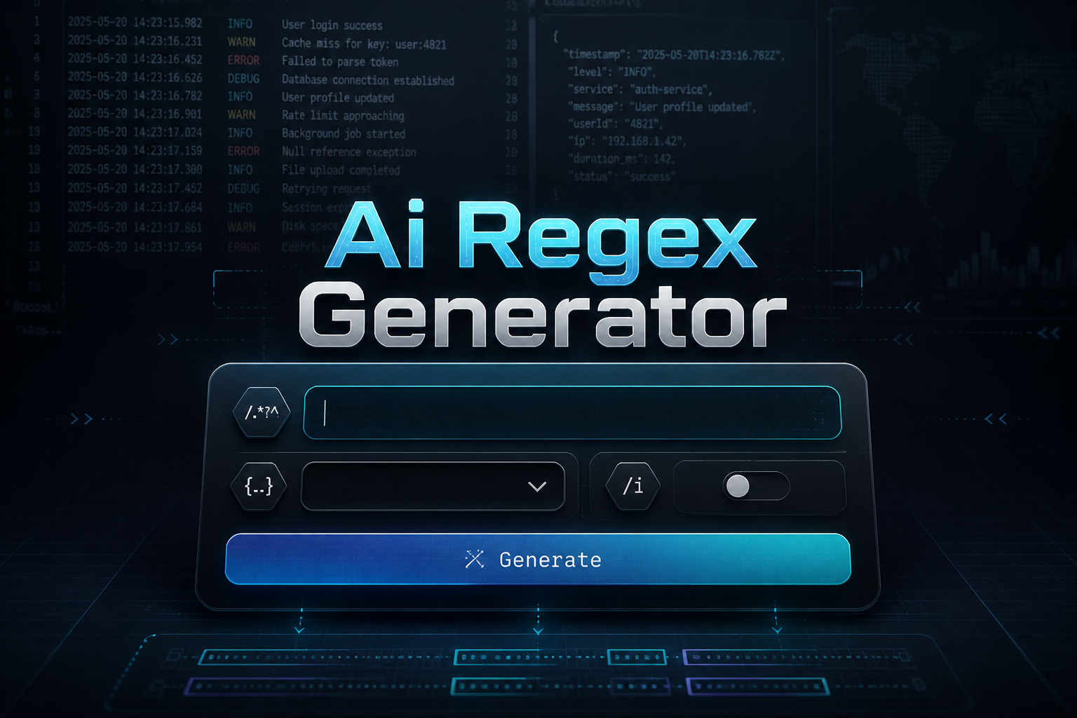 Centered hero graphic for an AI regex generator showing the title Ai Regex Generator, a pattern input, regex mode dropdown, flags toggle, and Generate button over a sleek code analysis background with abstract grid lines and subtle alignment arrows.