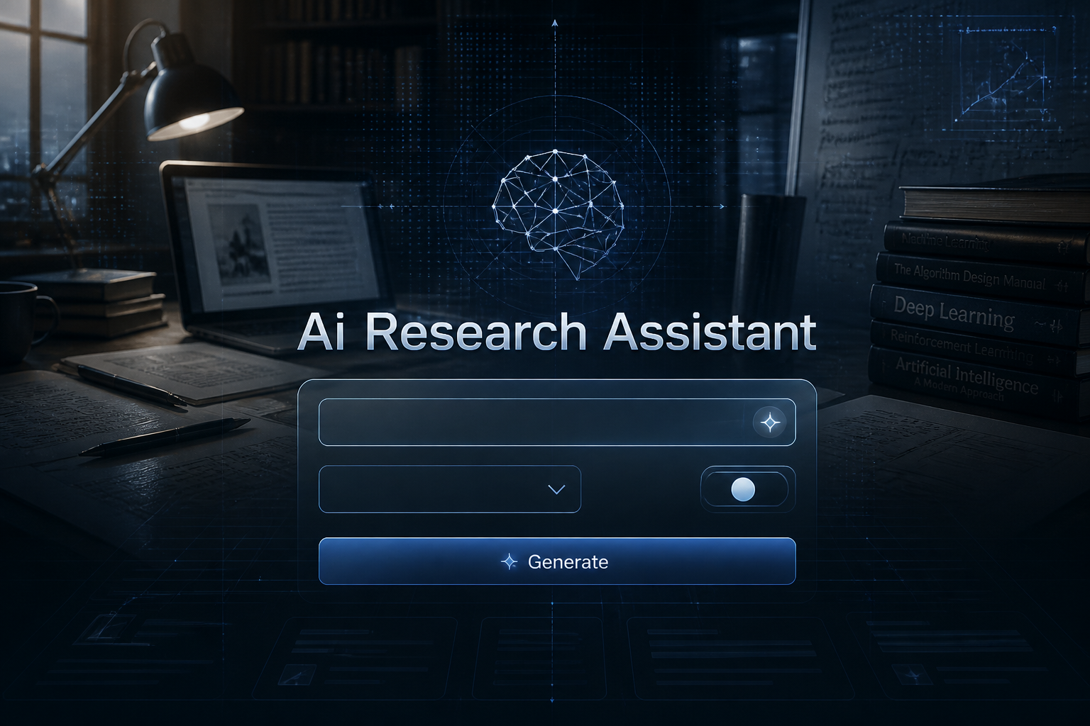 Centered sleek AI research assistant hero graphic with "Ai Research Assistant" title, an Ask a research question input, source dropdown, relevance toggle, and Generate button over books, papers, laptop, and faint grid lines, ideal for AI research assistant tool design and research question generator UI