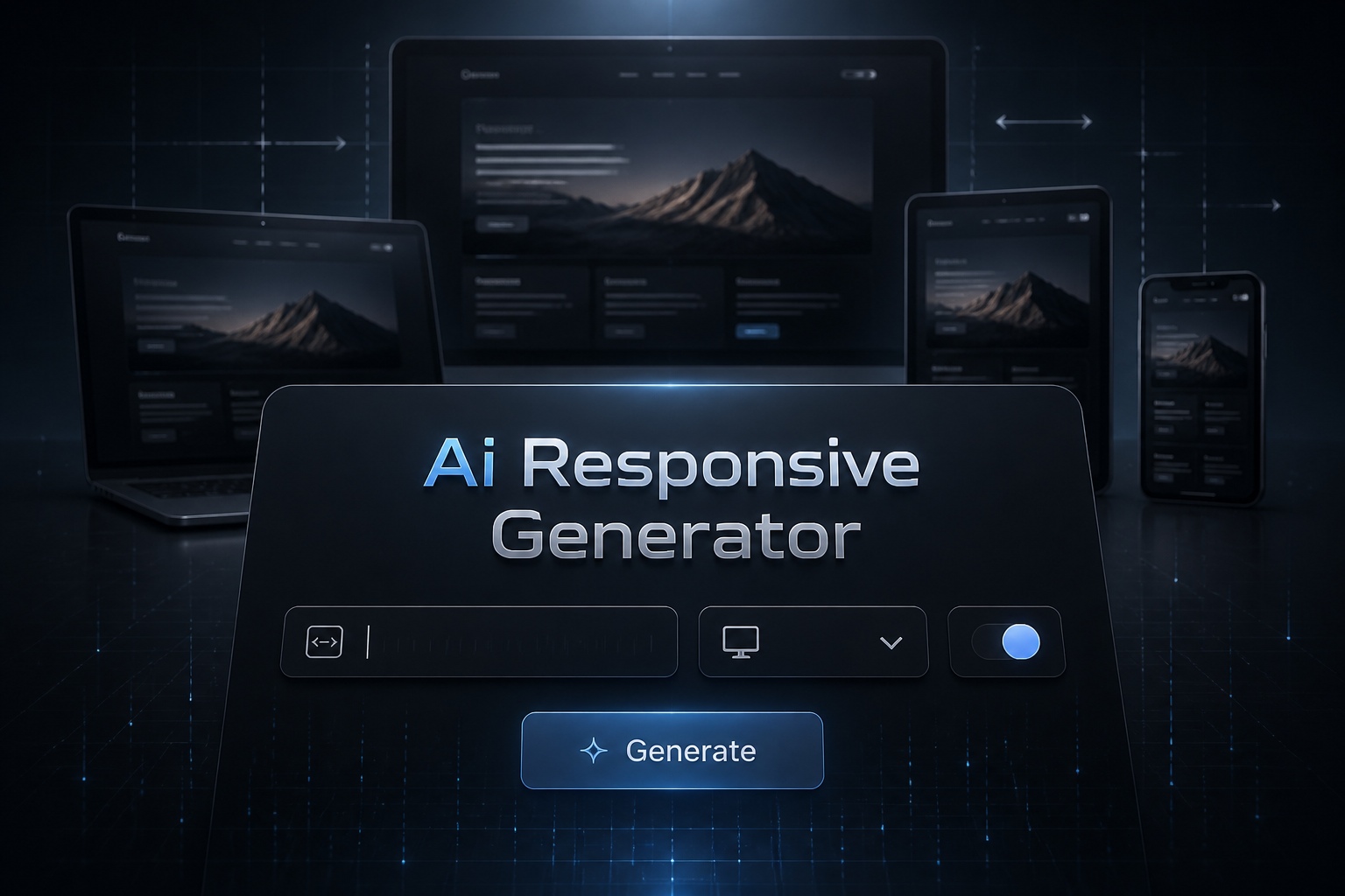 Centered hero graphic with the title Ai Responsive Generator in soft-shadow AI-inspired typography above a sleek UI panel showing a layout width input, device type dropdown, adaptive breakpoints toggle, and Generate button, with subtle responsive design workflow visuals in the background.