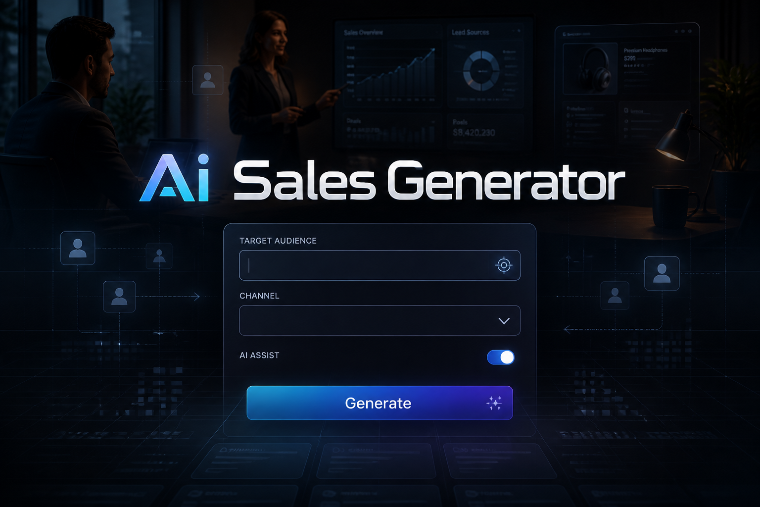Centered hero graphic for an ai sales generator tool with the title "Ai Sales Generator," a target audience input field, channel dropdown, AI assist toggle, and Generate button over a premium sales workspace with subtle grid lines and sleek UI detailing.